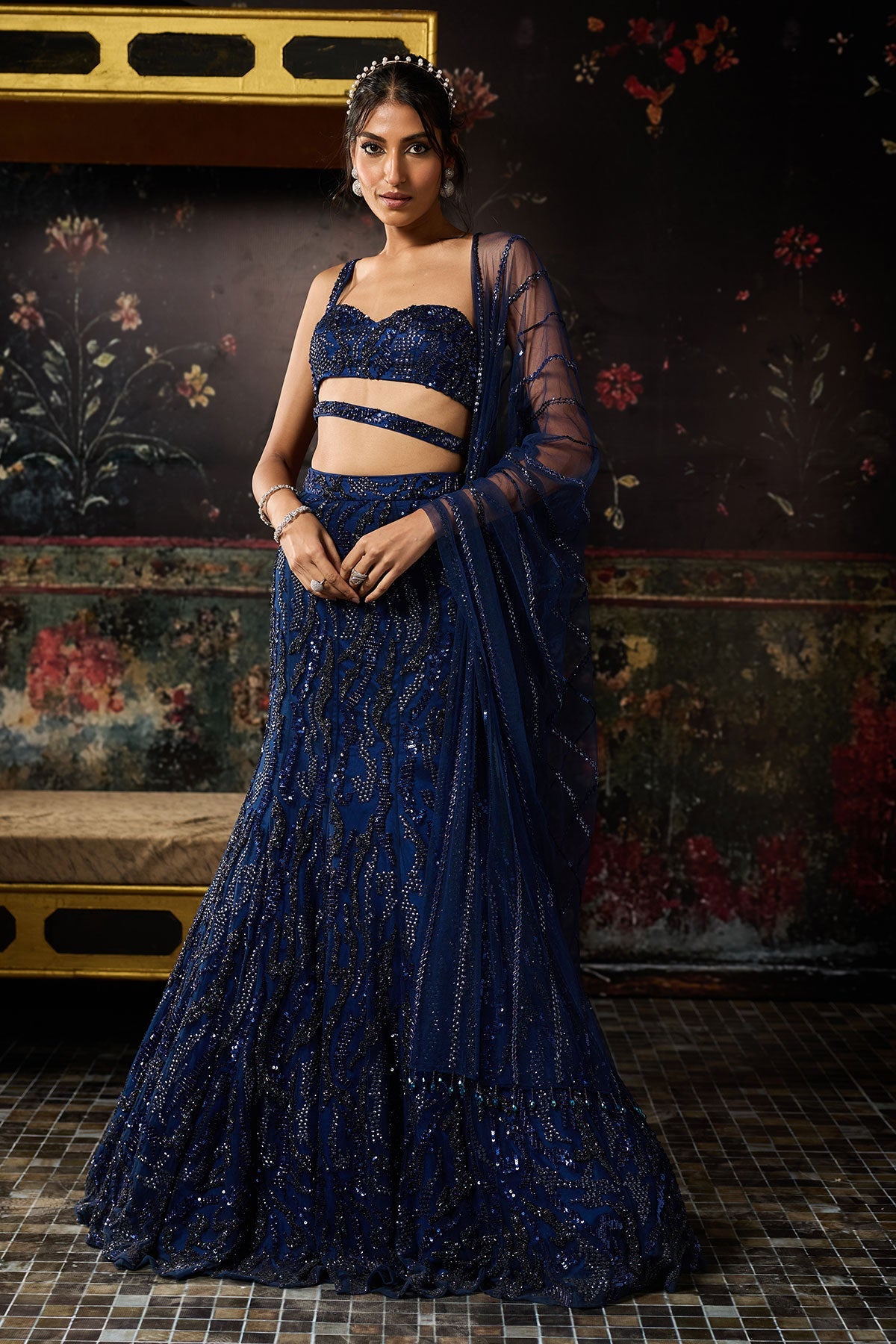 Nikki Mehra In Dark Blue Embellished Mermaid Skirt Set