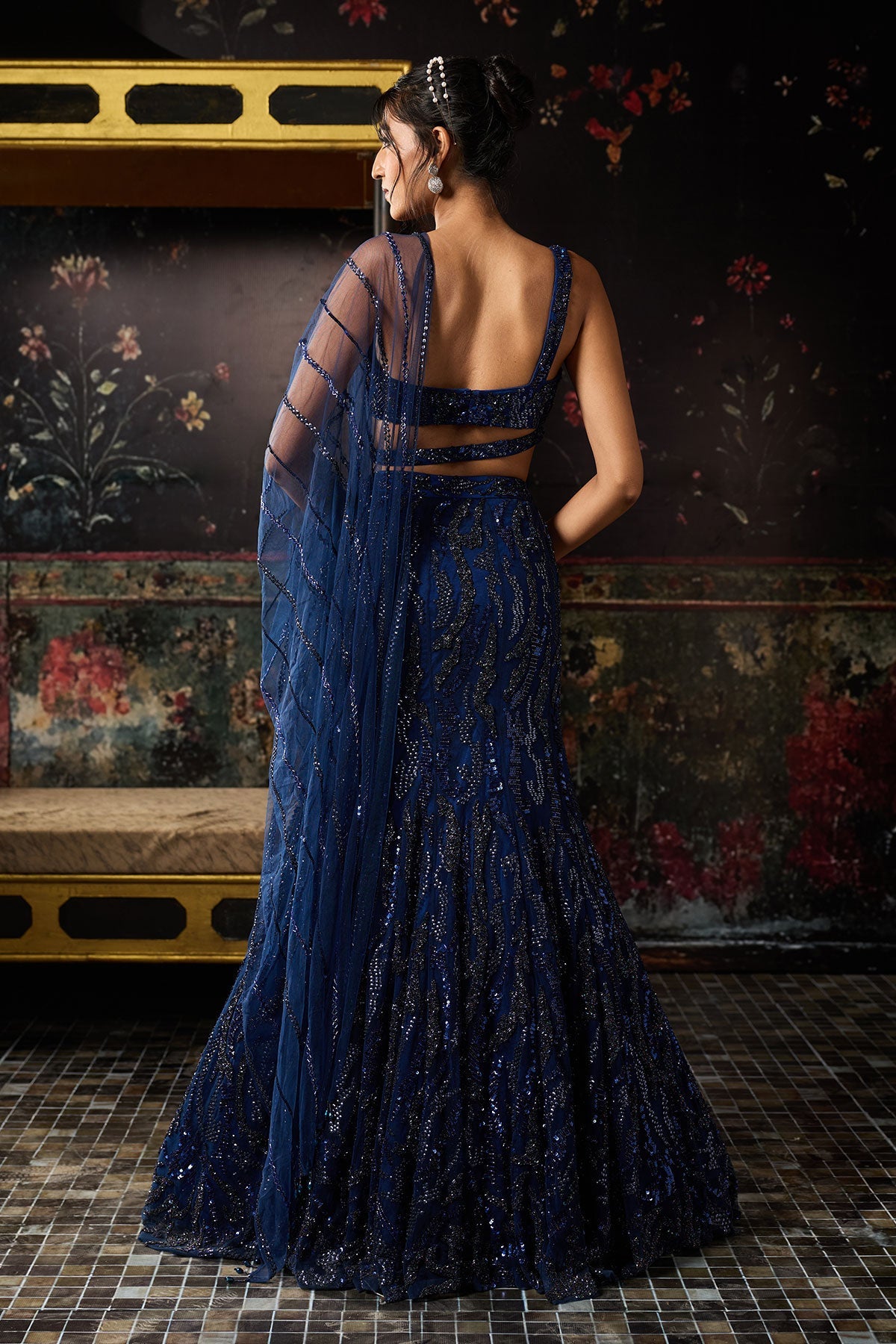 Nikki Mehra In Dark Blue Embellished Mermaid Skirt Set