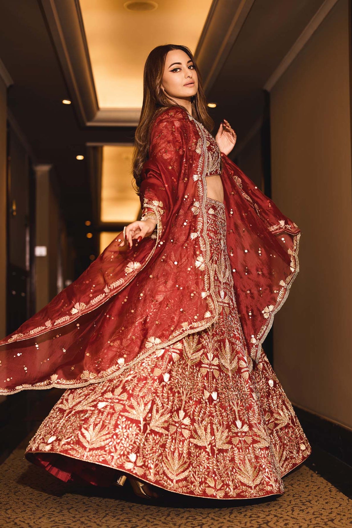 Maroon Embroidered Choli And Lehenga With Dupatta