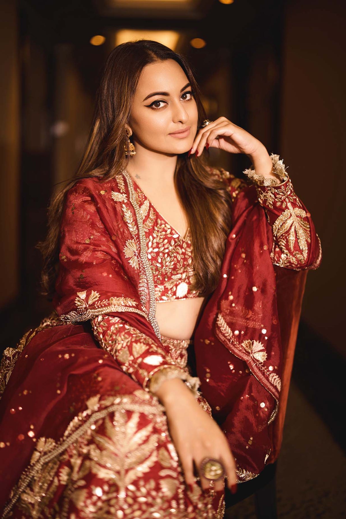 Maroon Embroidered Choli And Lehenga With Dupatta