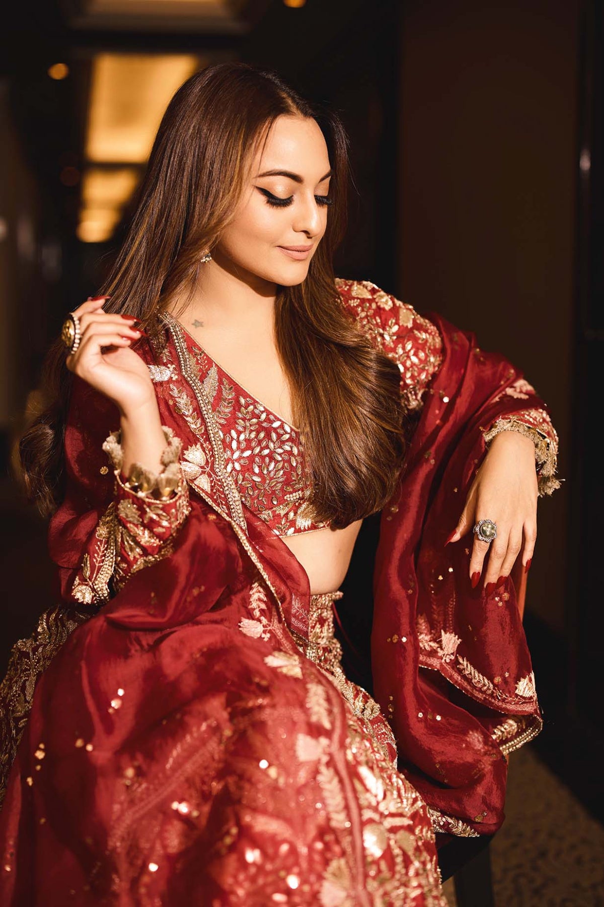 Maroon Embroidered Choli And Lehenga With Dupatta
