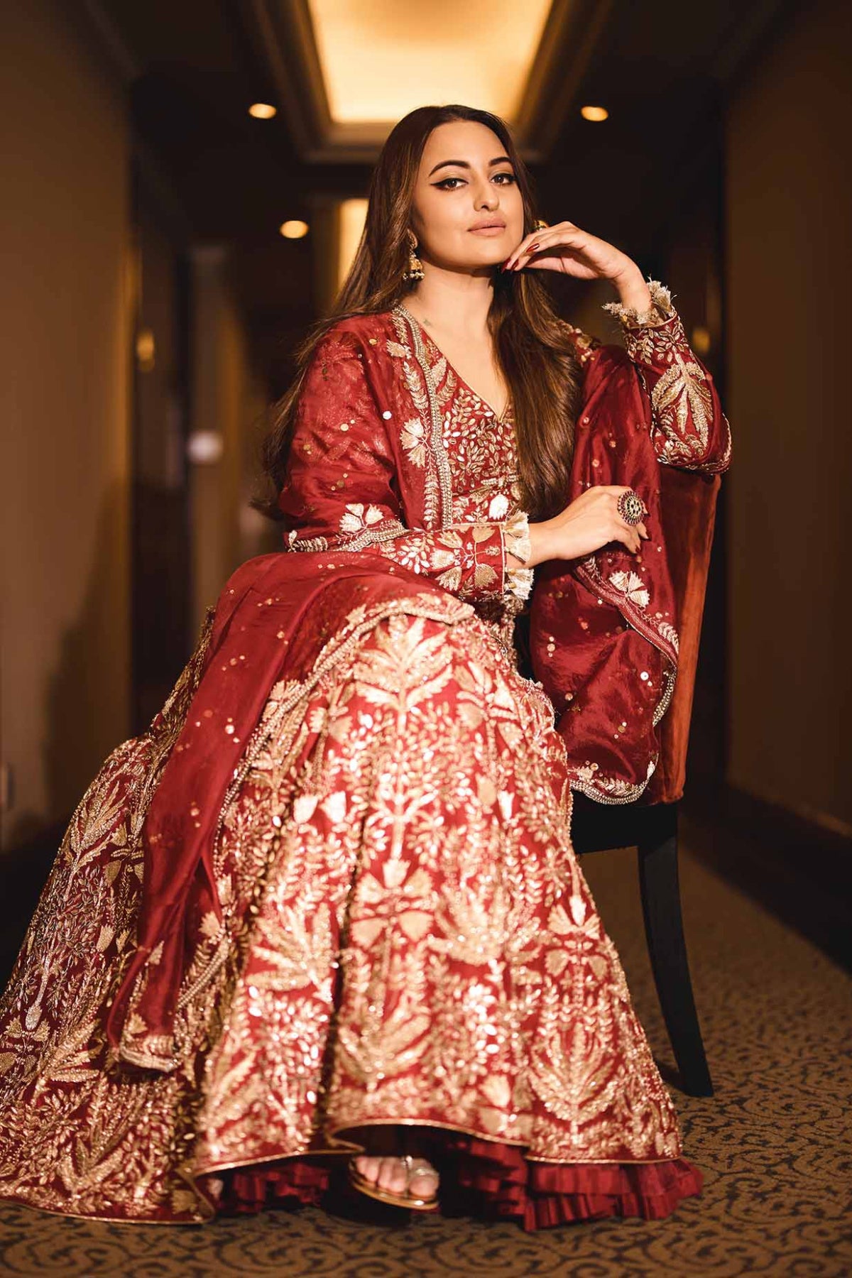 Maroon Embroidered Choli And Lehenga With Dupatta