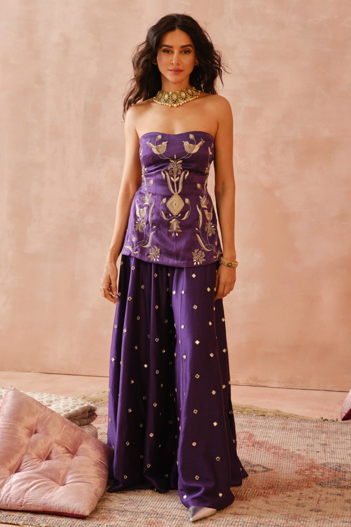 Purple Embroidered Tube Backless Kurta With Sharara And Dupatta