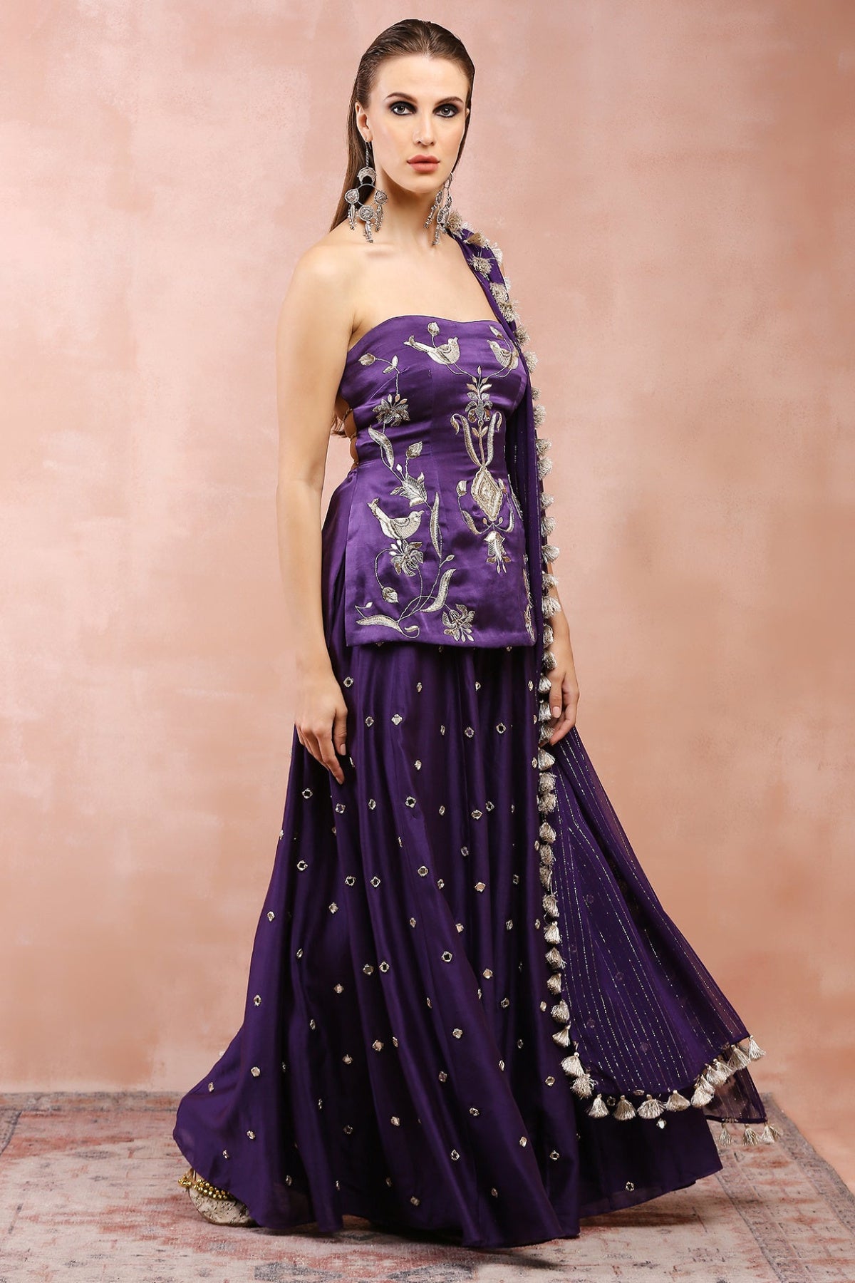 Purple Embroidered Tube Backless Kurta With Sharara And Dupatta