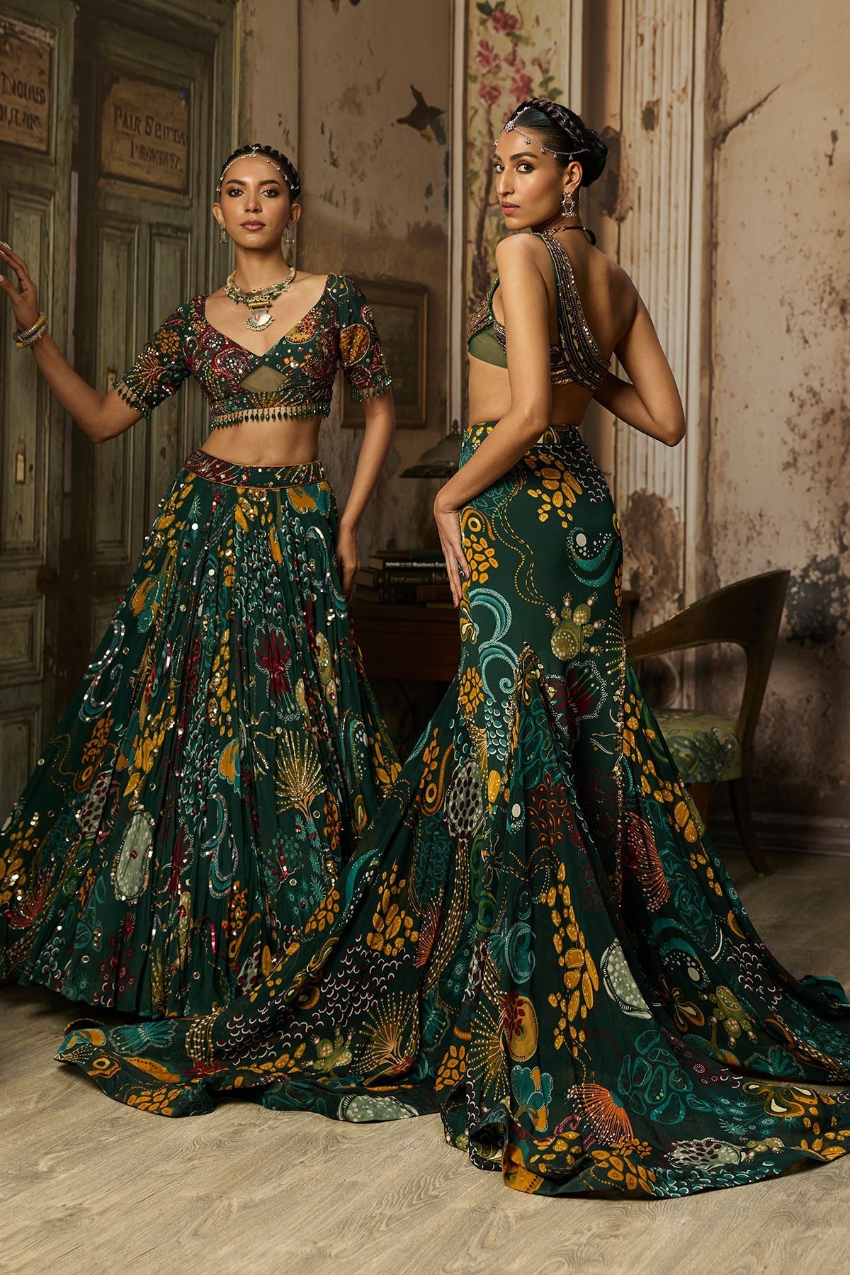 Radhika Madan in Dark Green Embroidered Blouse And Fishtail Skirt Set