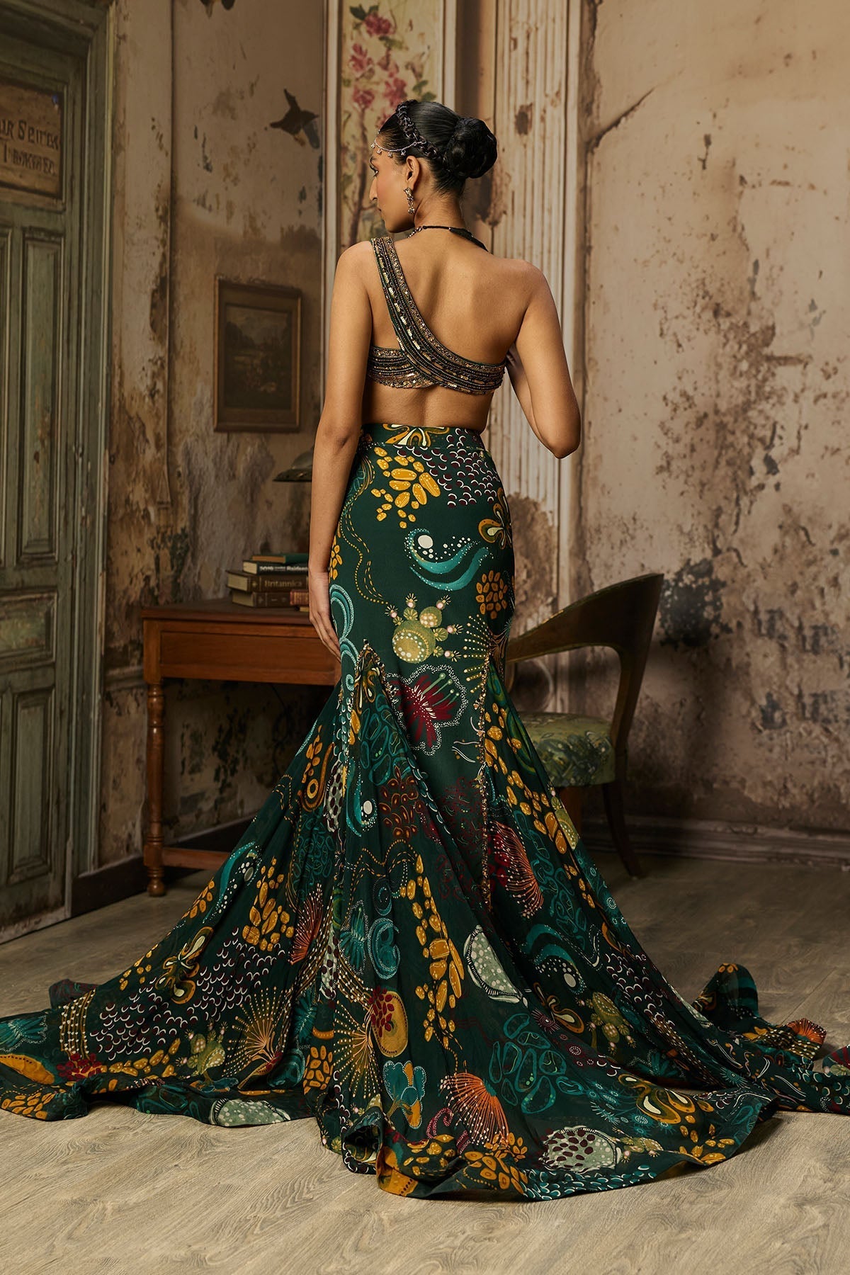 Radhika Madan in Dark Green Embroidered Blouse And Fishtail Skirt Set