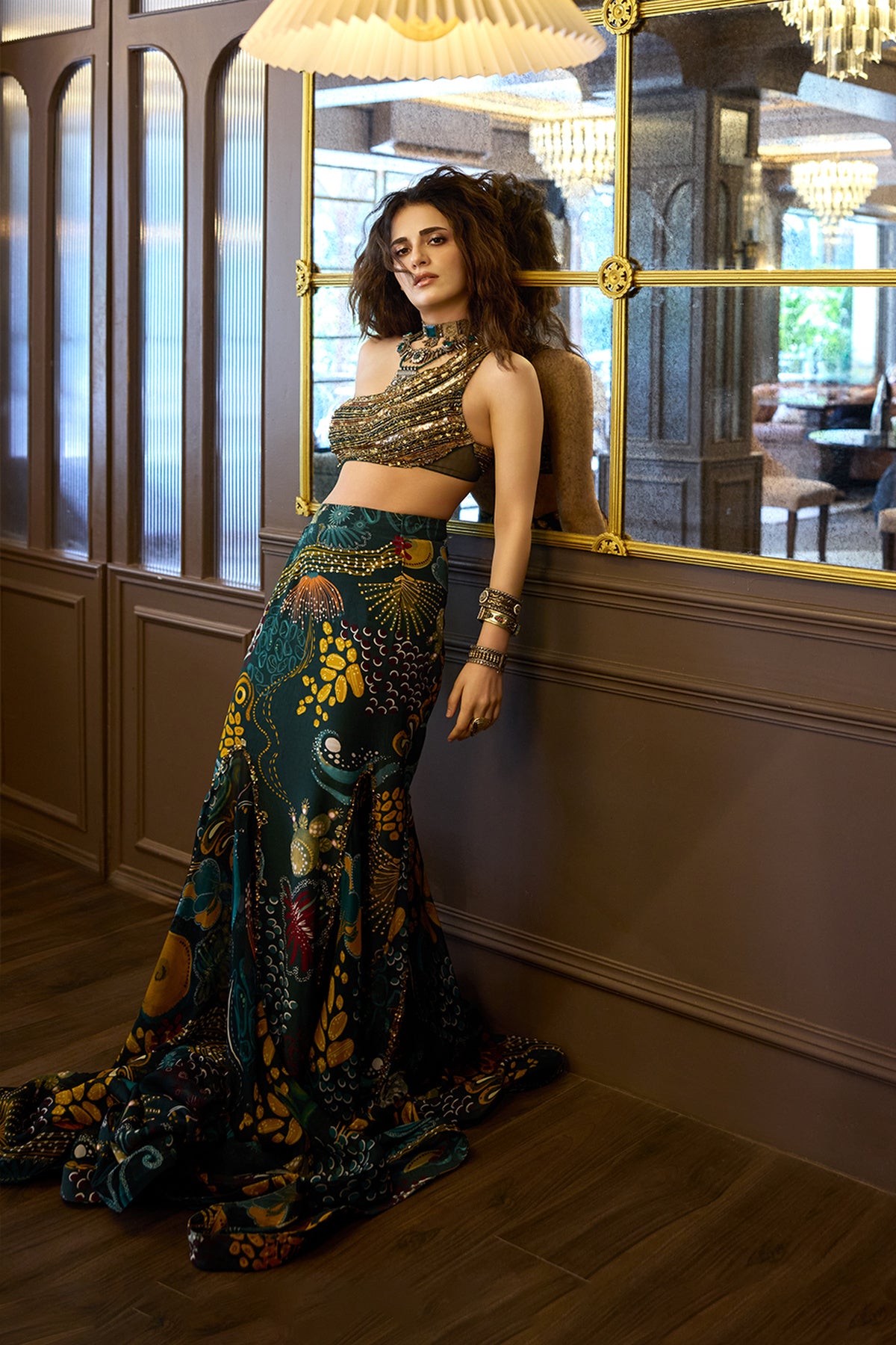 Radhika Madan in Dark Green Embroidered Blouse And Fishtail Skirt Set