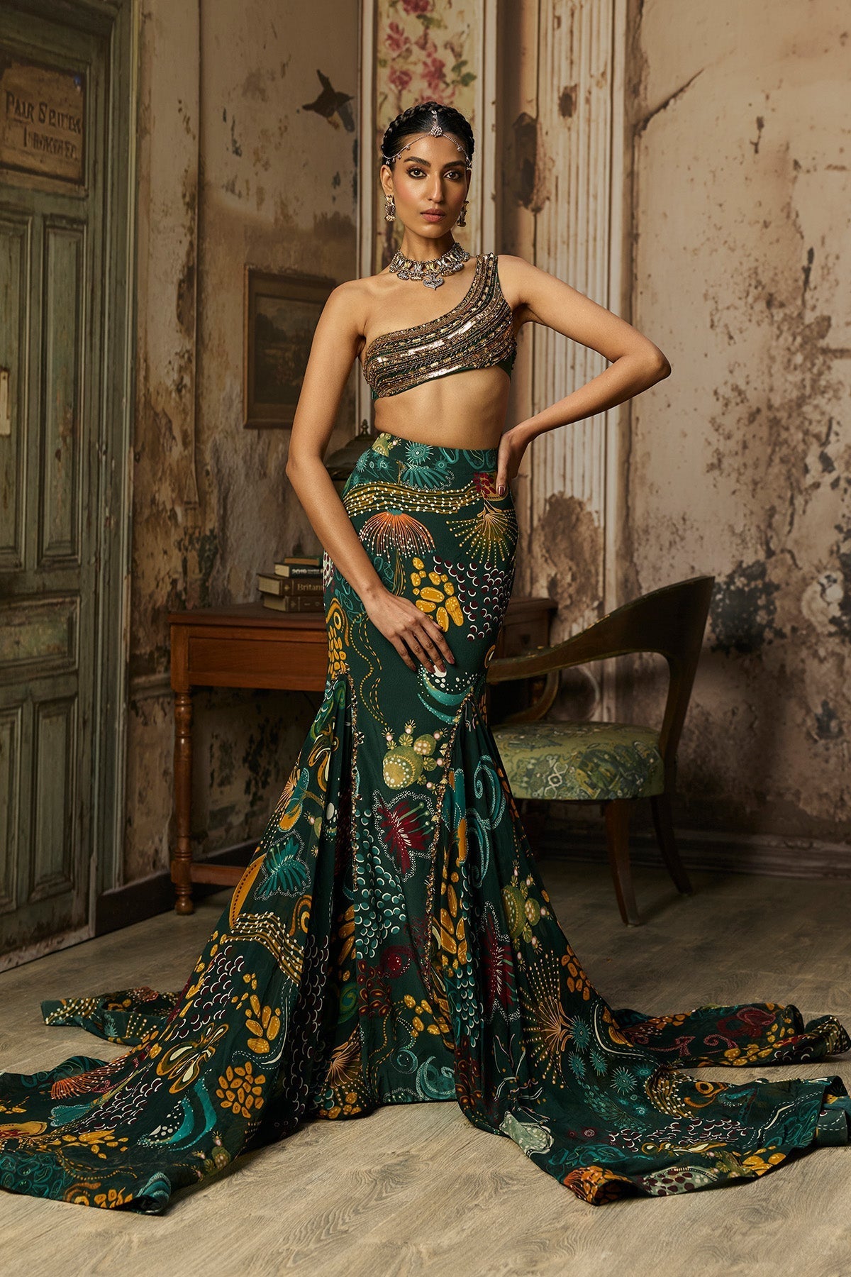 Radhika Madan in Dark Green Embroidered Blouse And Fishtail Skirt Set