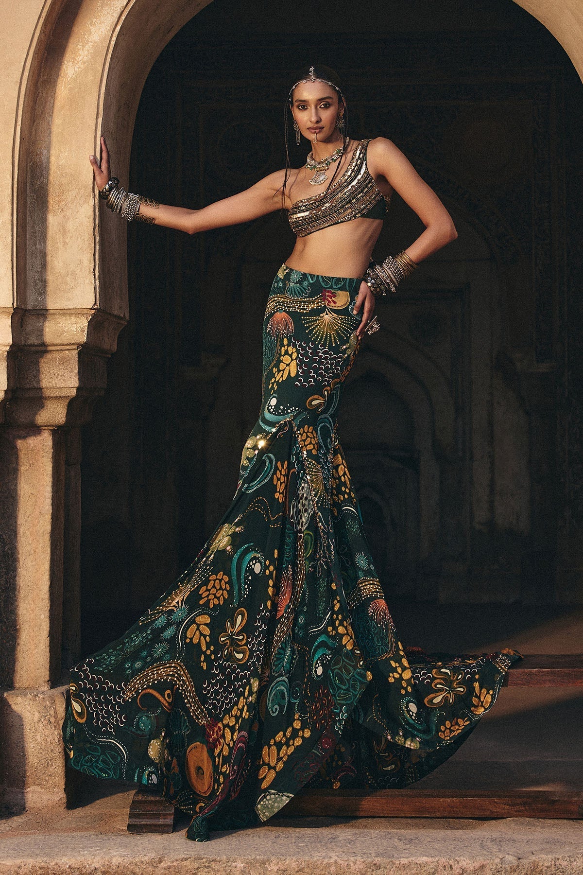 Radhika Madan in Dark Green Embroidered Blouse And Fishtail Skirt Set
