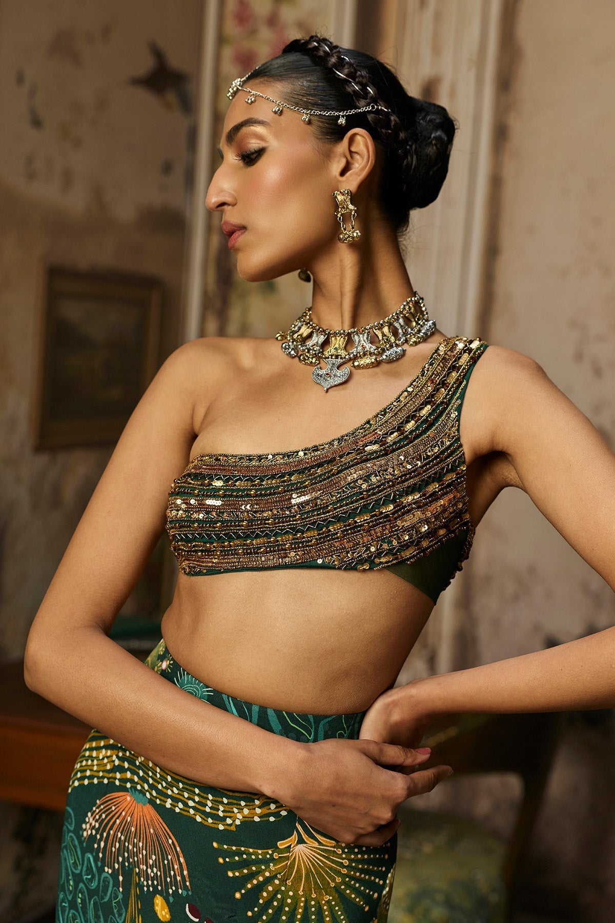 Radhika Madan in Dark Green Embroidered Blouse And Fishtail Skirt Set