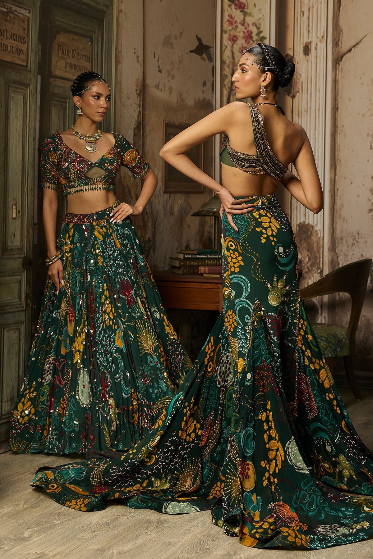 Radhika Madan in Dark Green Embroidered Blouse And Fishtail Skirt Set