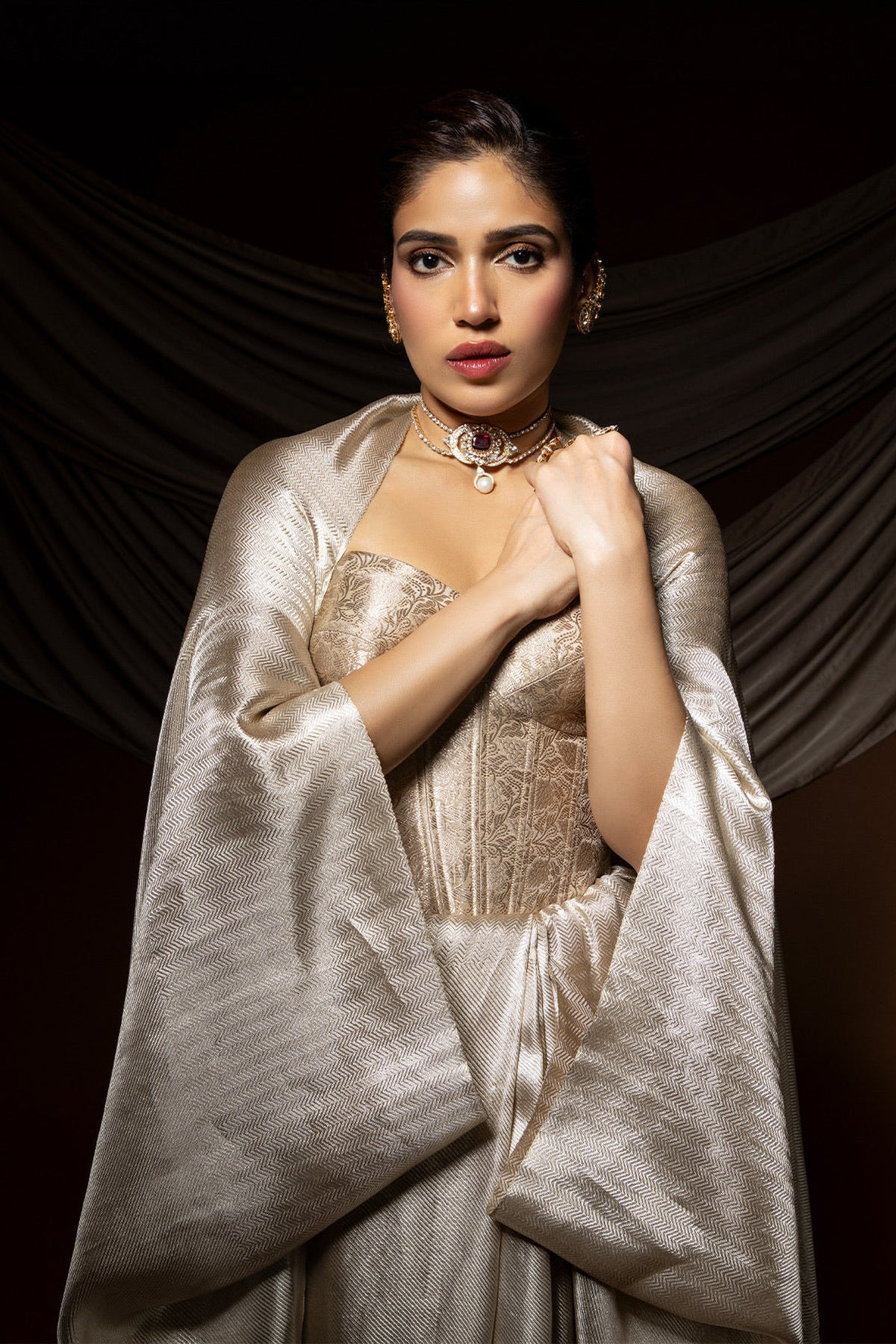 Bhumi Pednekar in Handwoven Silver Kanjivaram Saree