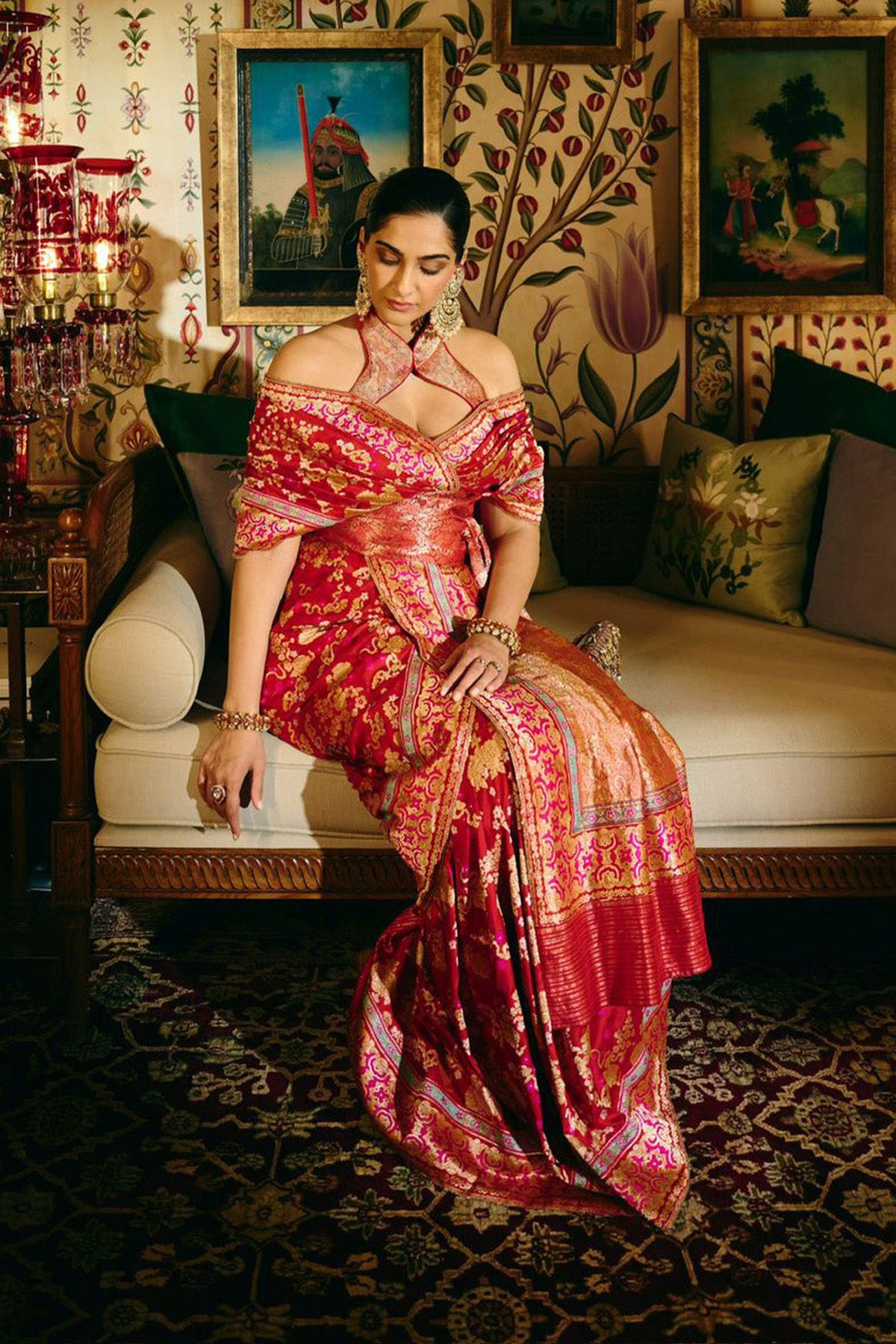 Sonam Kapoor in Handwoven Ruby Red Mashroo Silk Saree