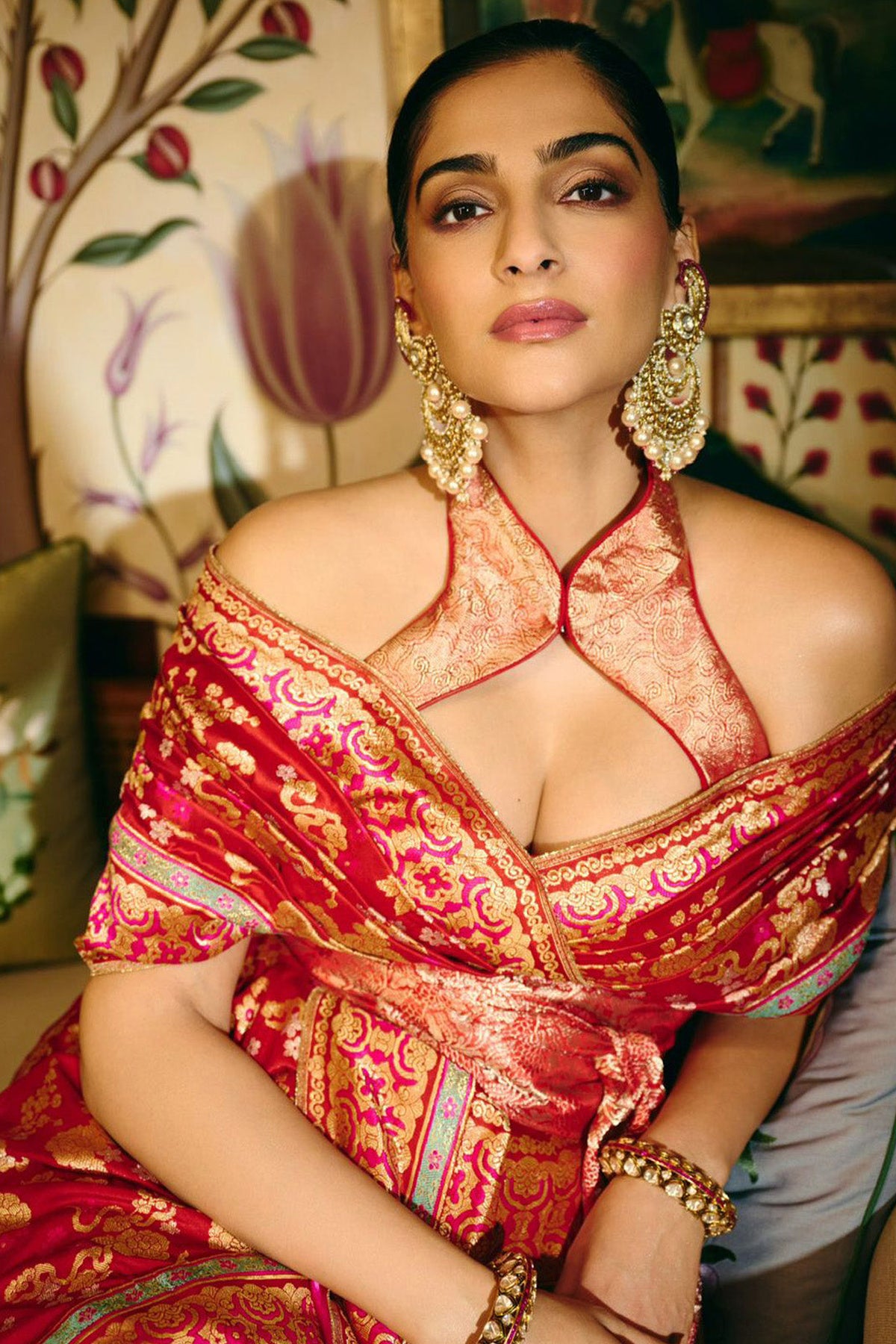 Sonam Kapoor in Handwoven Ruby Red Mashroo Silk Saree