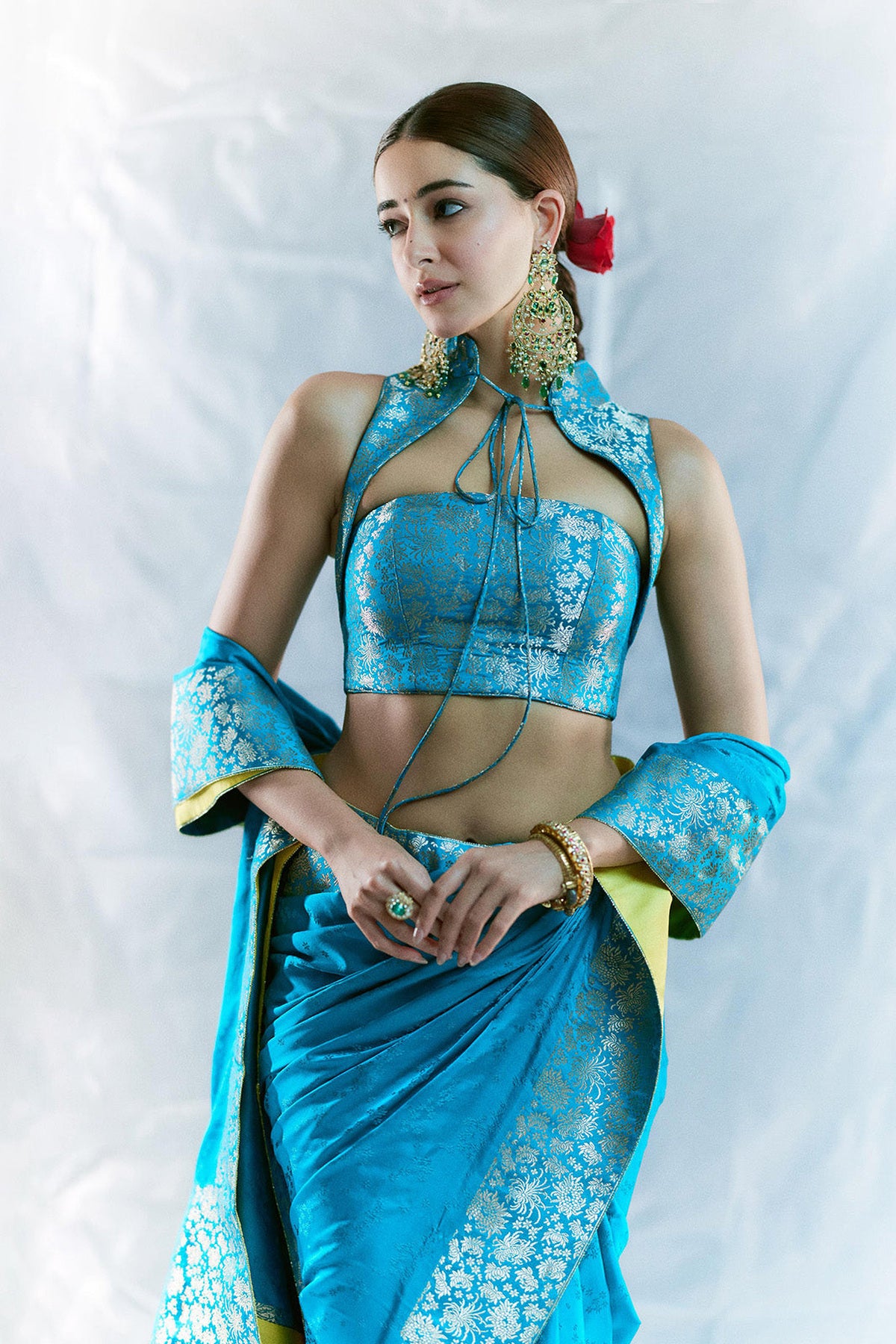 Ananya Panday in Handwoven Coral Blue Saree