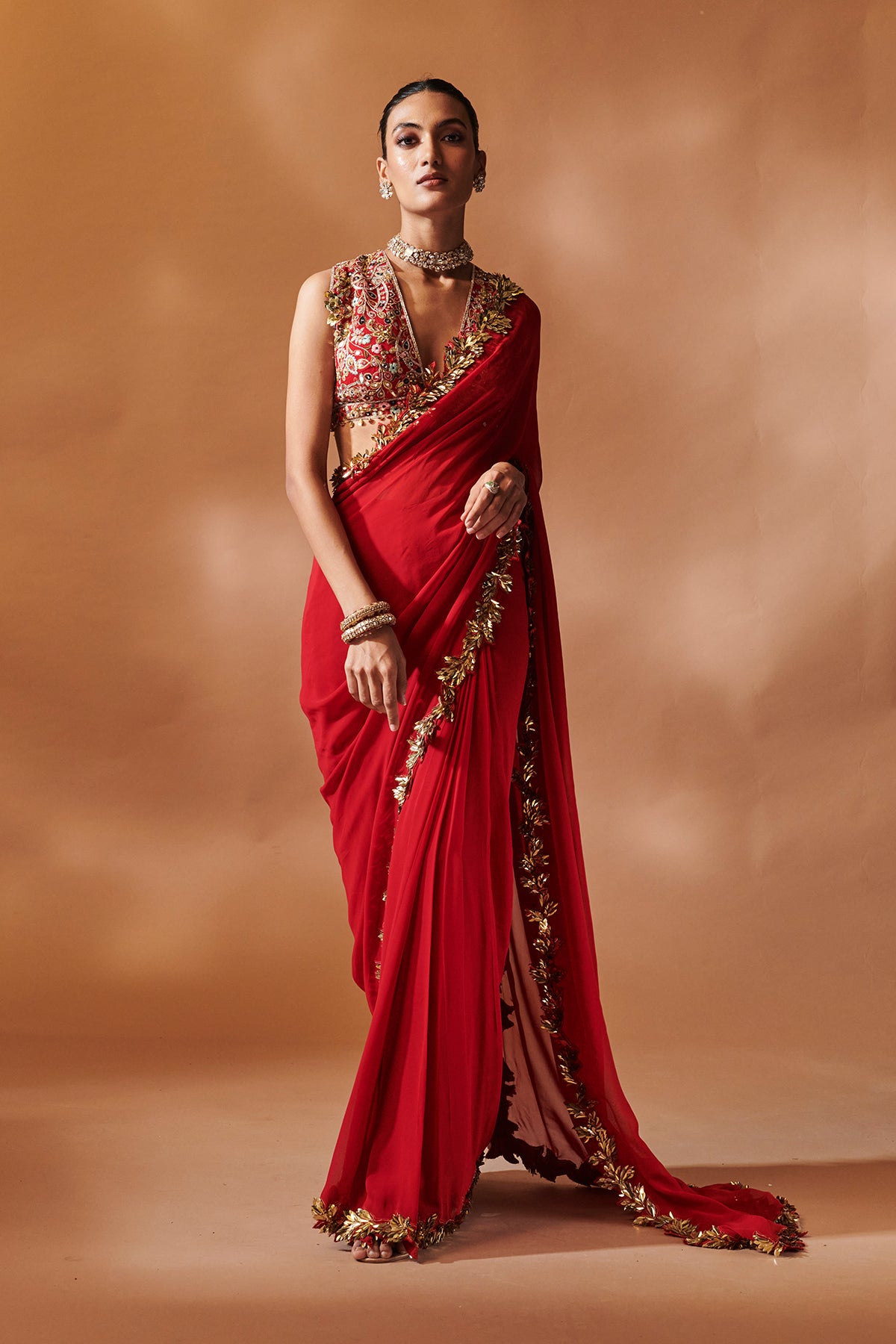 RED AND GOLD EMBROIDERED SAREE SET