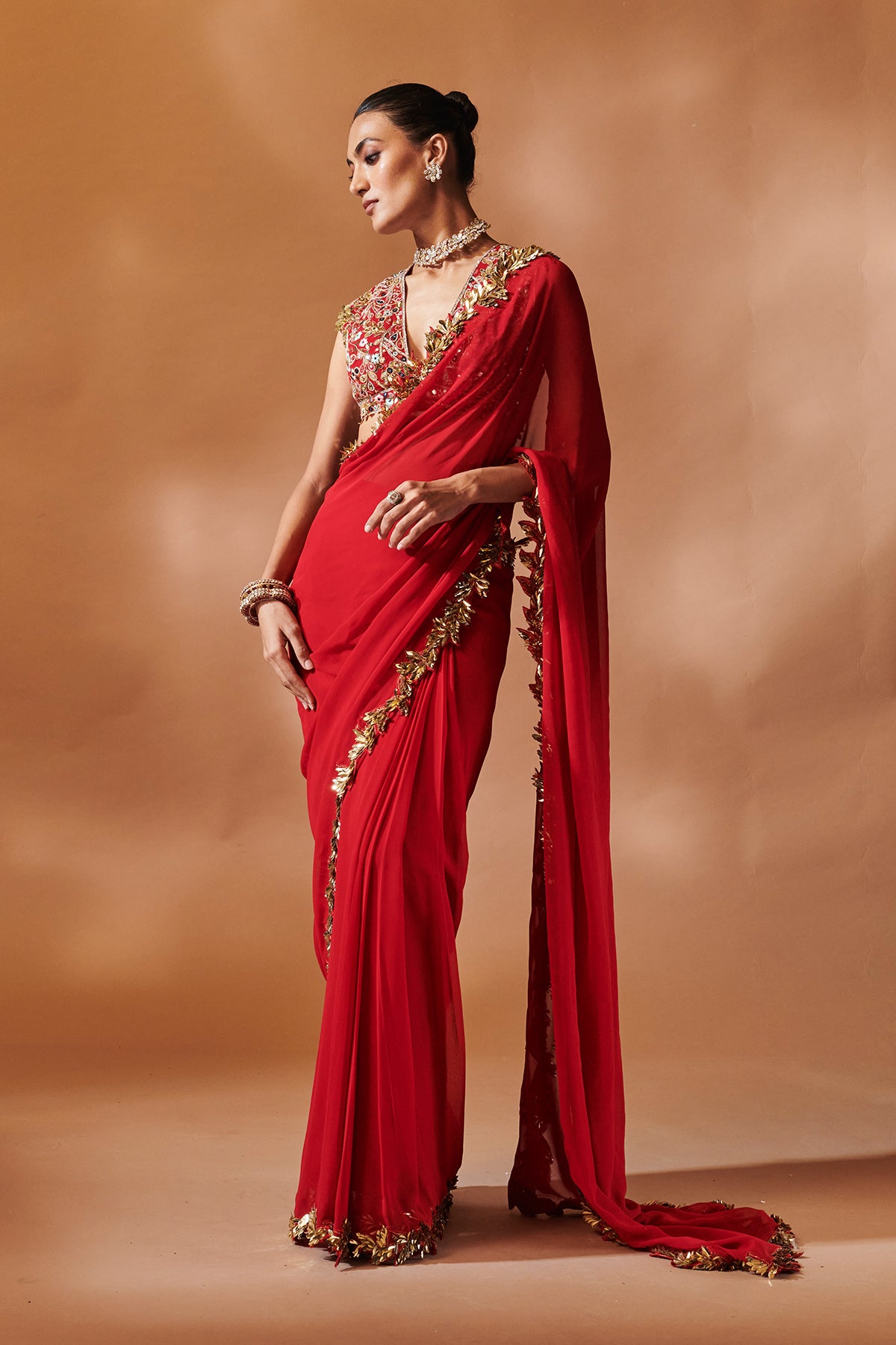 RED AND GOLD EMBROIDERED SAREE SET