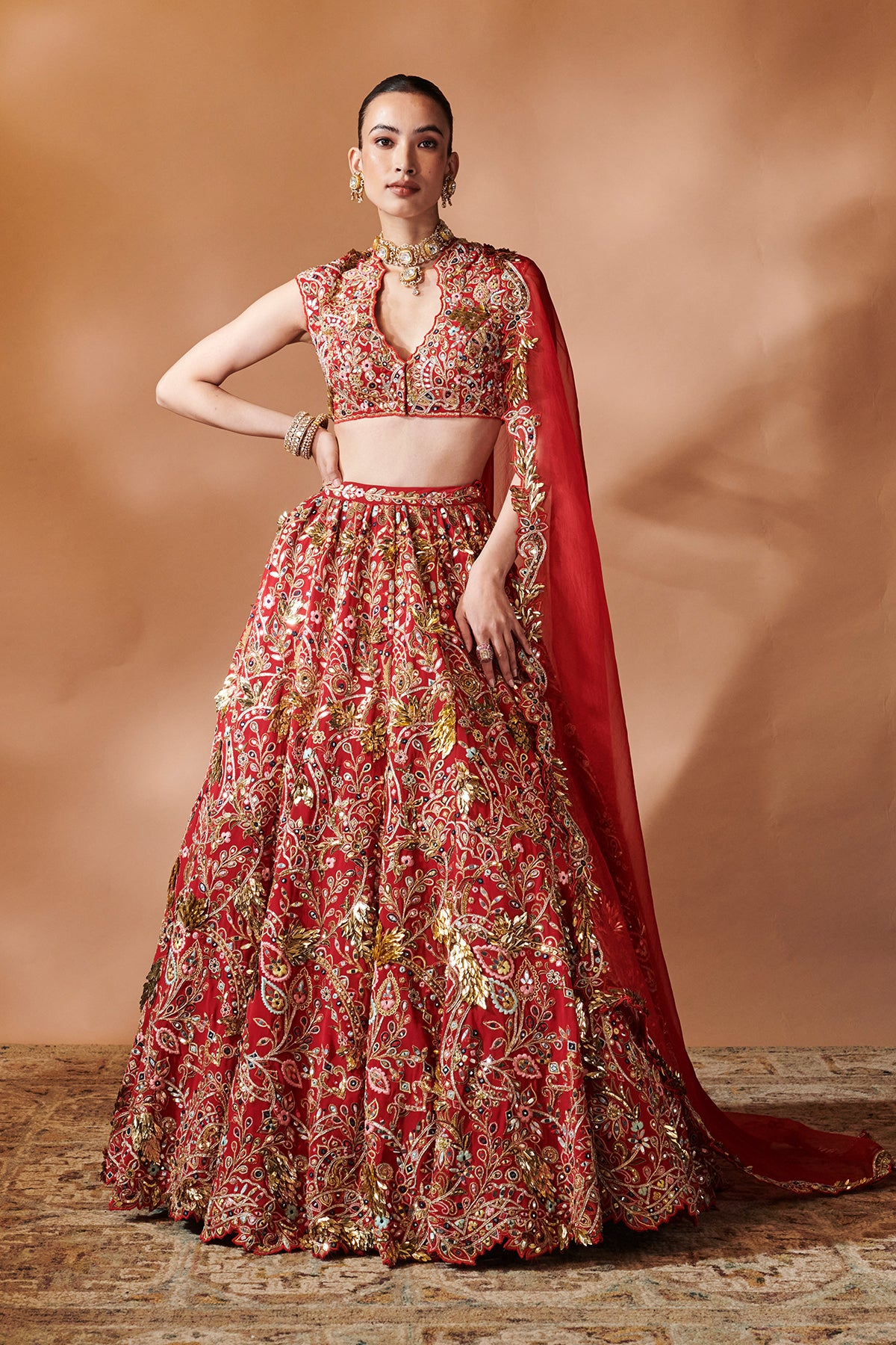 RED HEAVILY EMBROIDERED LEHENGA SET
