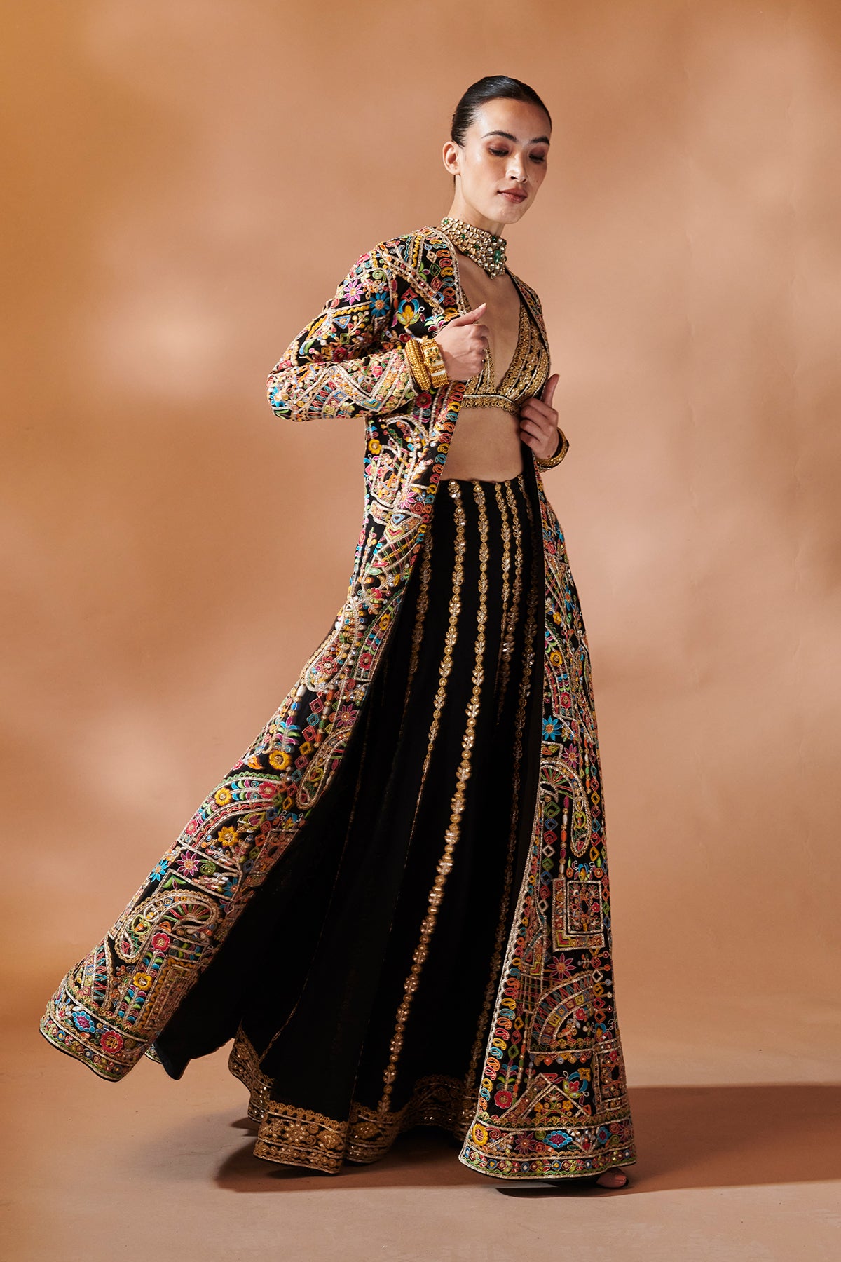 BLACK LONG EMBROIDERED JACKET WITH A BUSTIER AND SHARARA