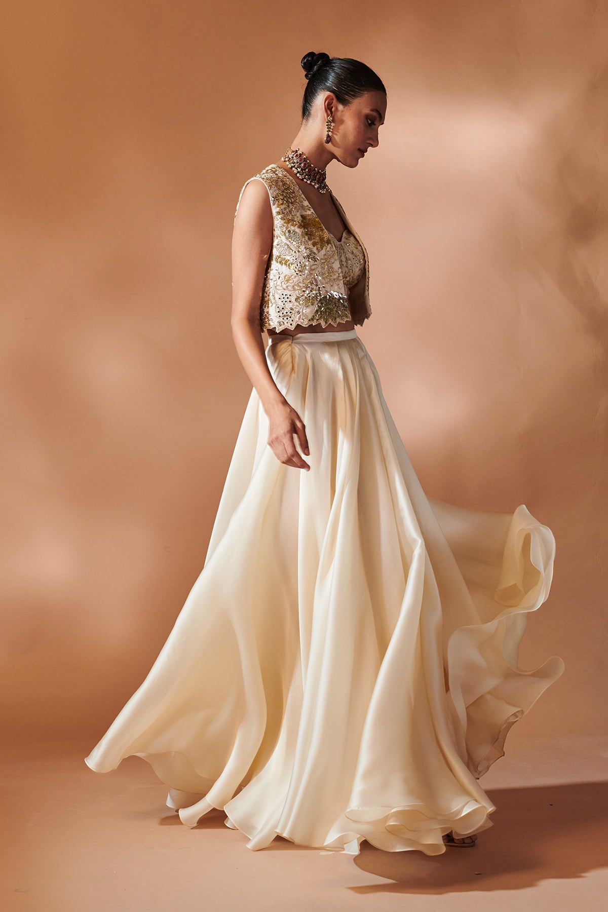 IVORY ORGANZA SKIRT WITH AN EMBROIDERED BLOUSE AND JACKET