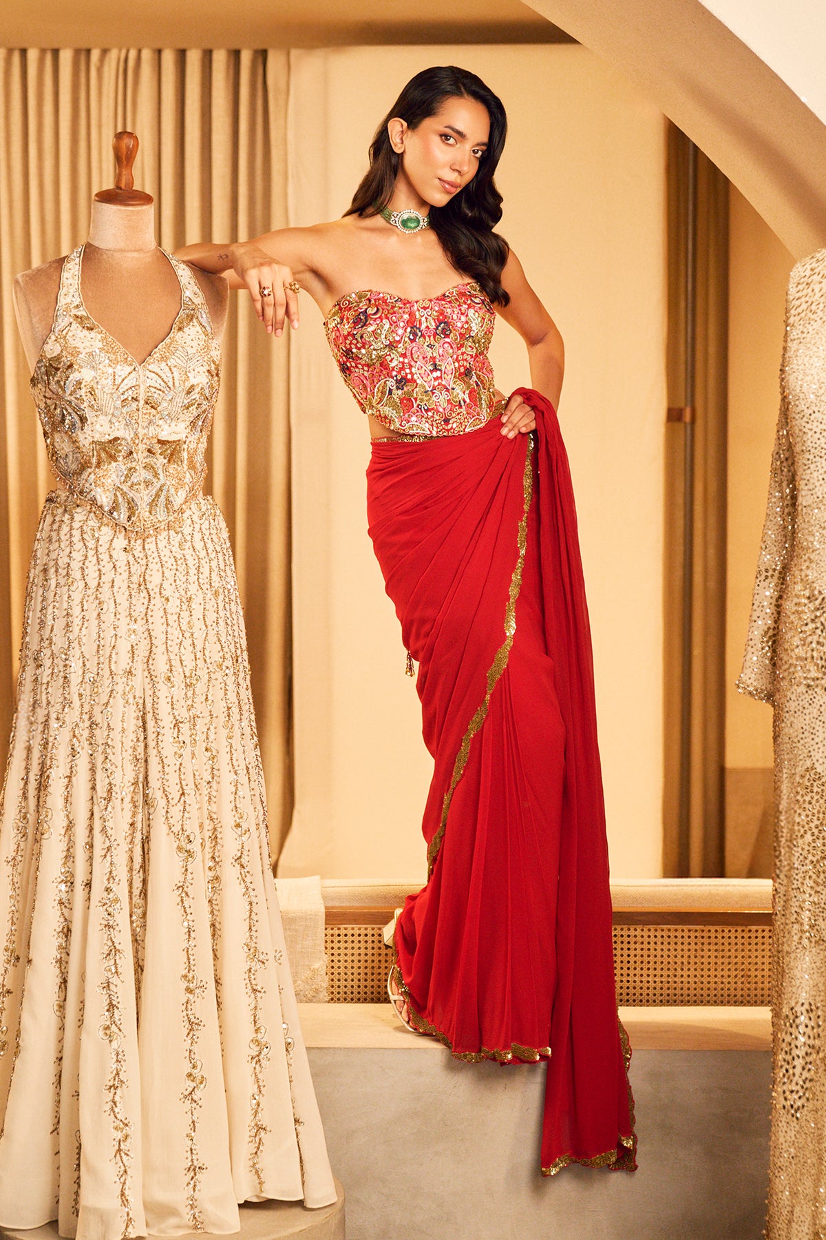 RED PRE DRAPED SAREE SET WITH A CORSET BLOUSE