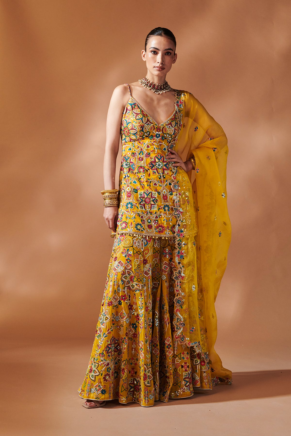 MUSTARD KURTA AND SHARARA SET