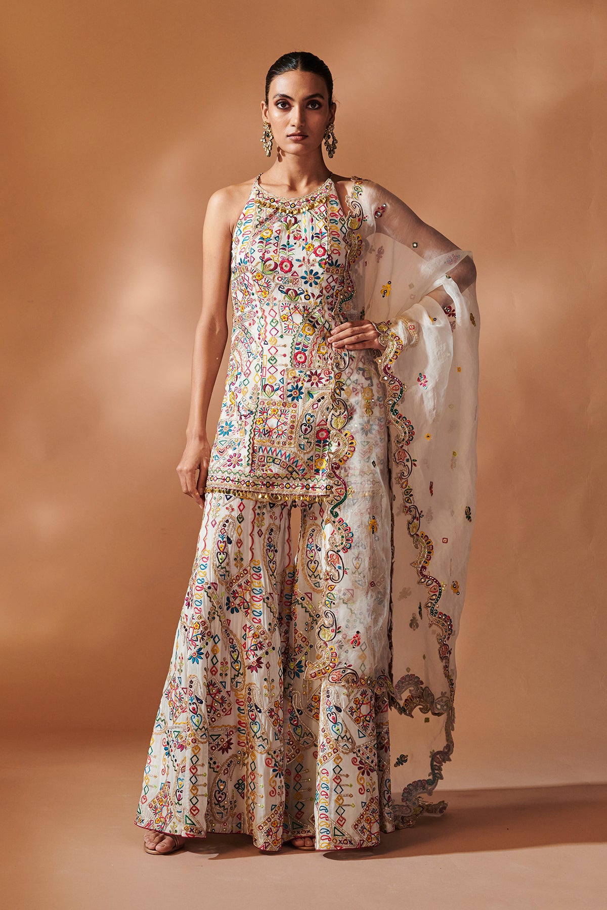 IVORY SHARARA AND HALTER KURTA SET