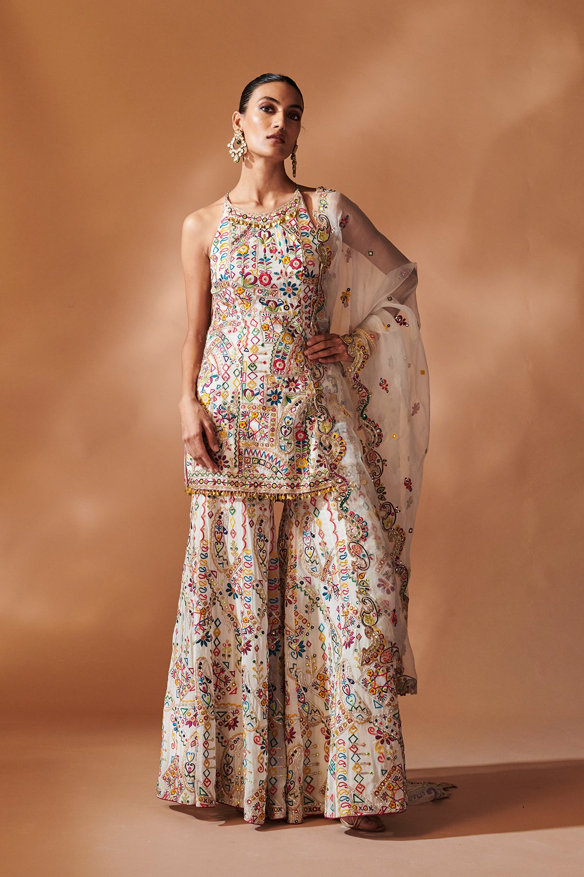 IVORY SHARARA AND HALTER KURTA SET