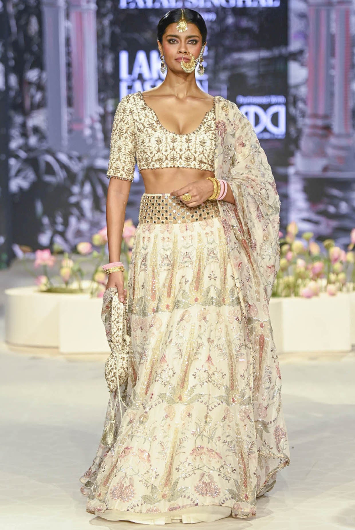 Sultana Cream Embroidered Choli With Cream Printed Lehenga And Embroidered Dupatta