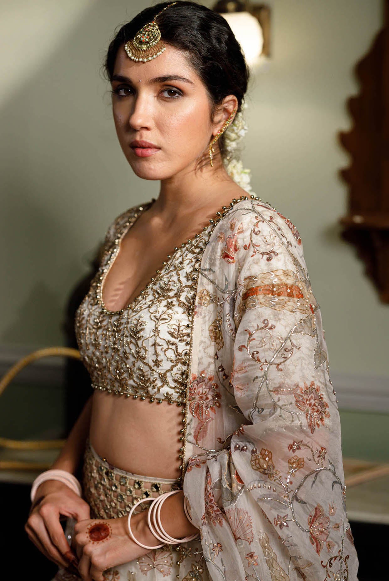 Sultana Cream Embroidered Choli With Cream Printed Lehenga And Embroidered Dupatta