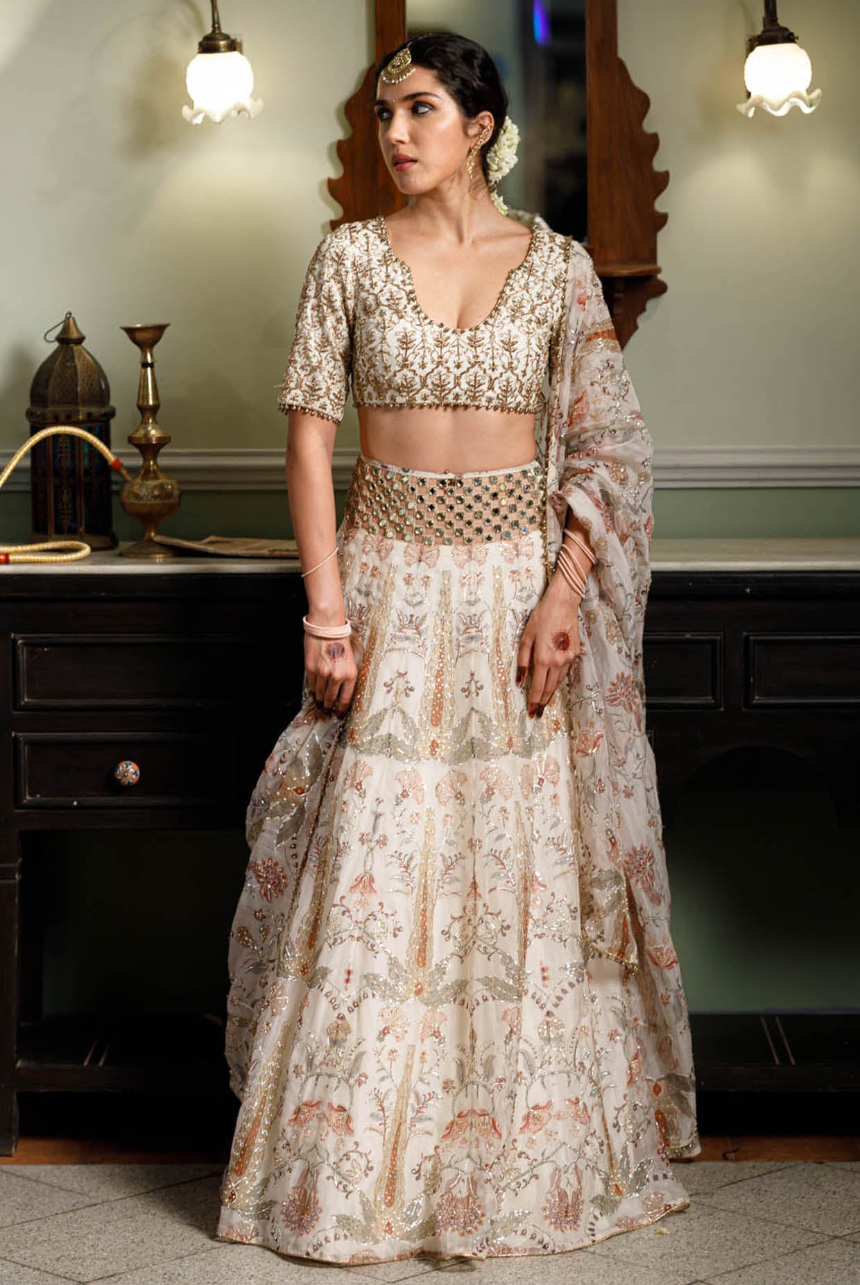 Sultana Cream Embroidered Choli With Cream Printed Lehenga And Embroidered Dupatta