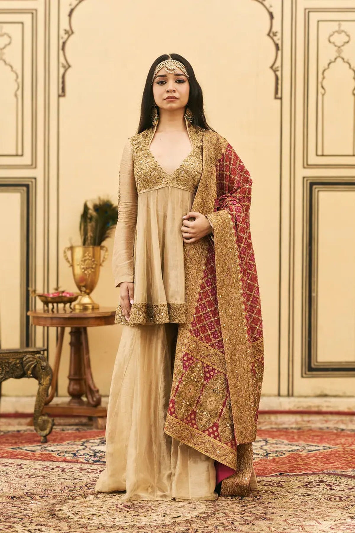 Sunhari-Gulal Tissue Bandhej Sharara Set