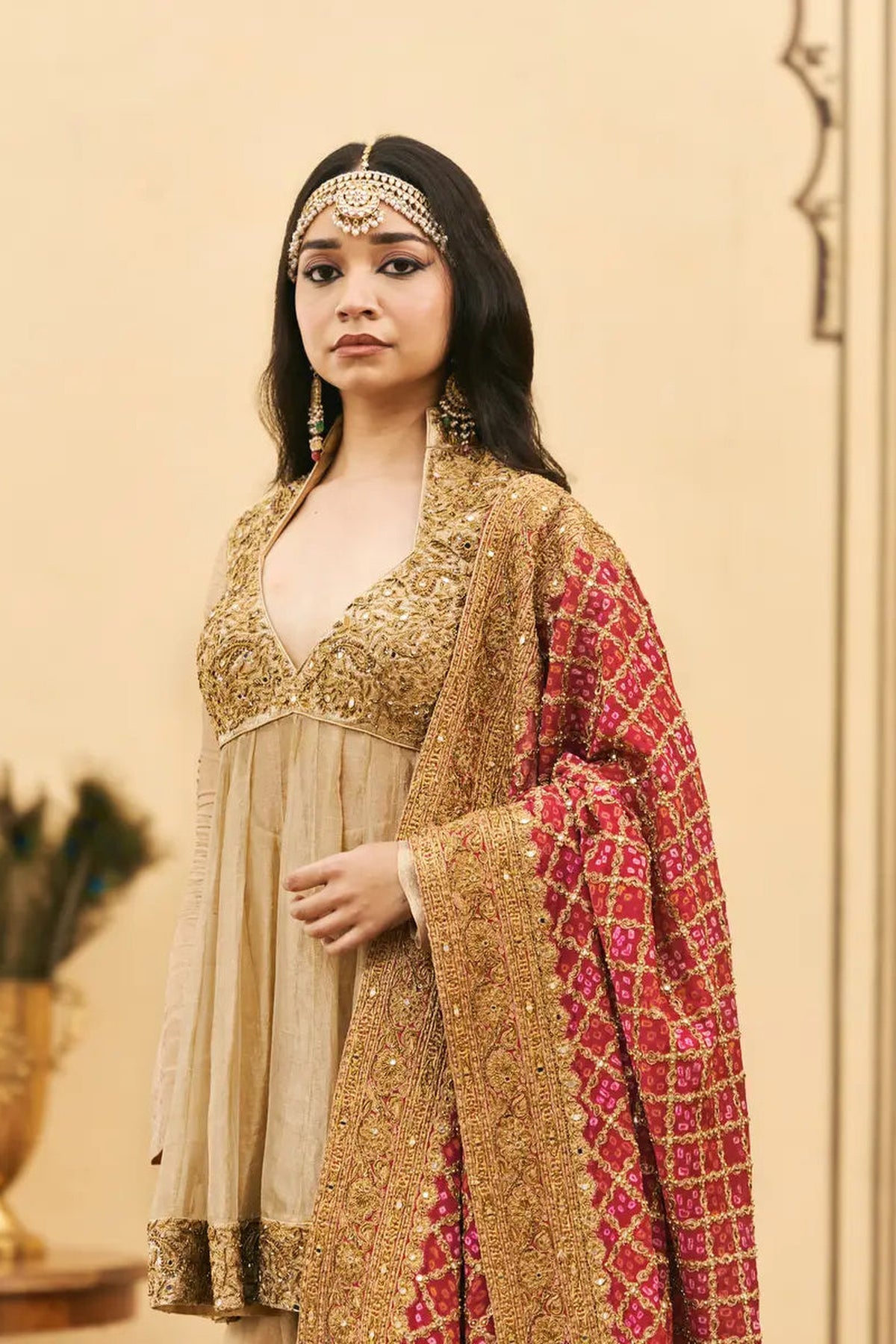 Sunhari-Gulal Tissue Bandhej Sharara Set