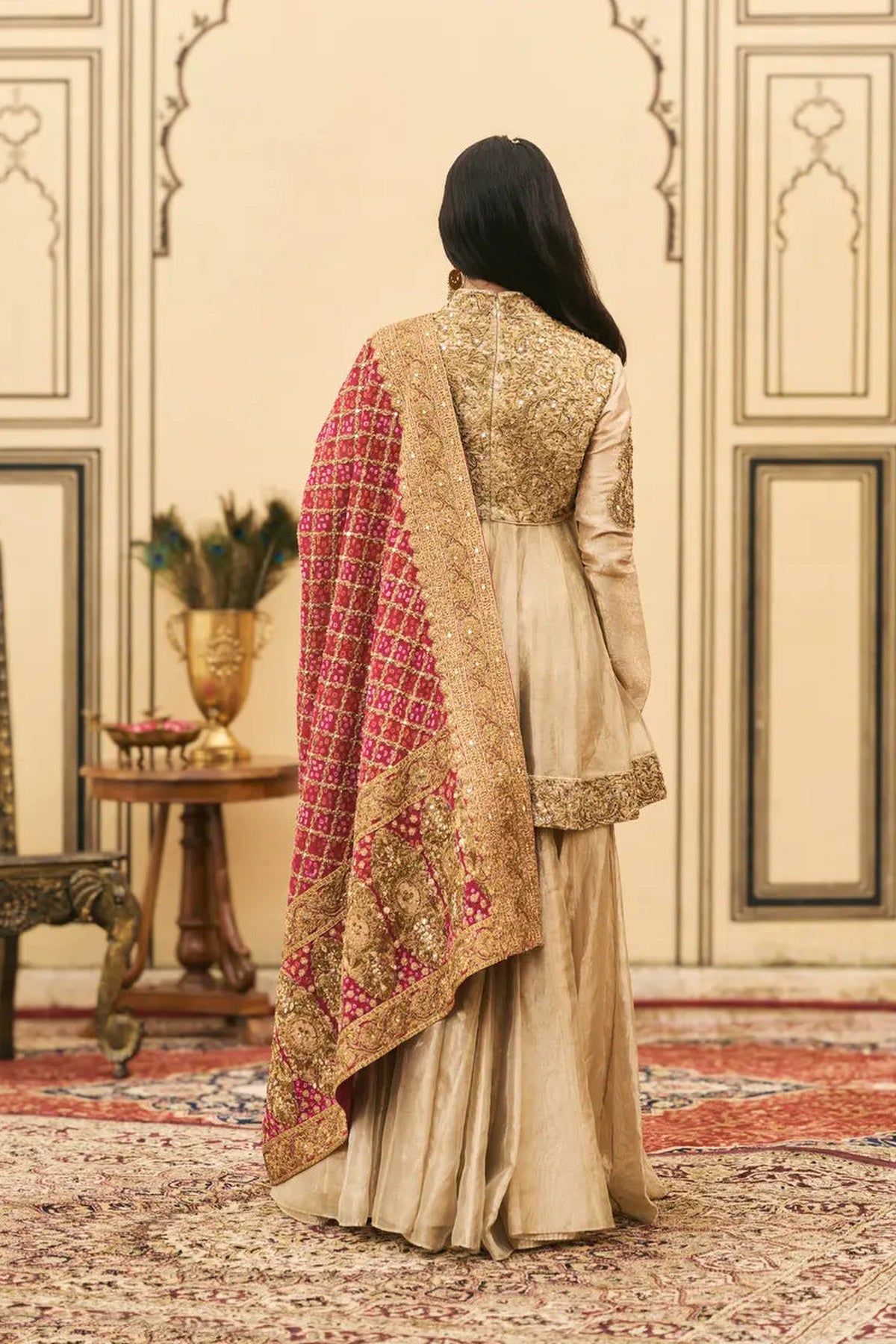 Sunhari-Gulal Tissue Bandhej Sharara Set