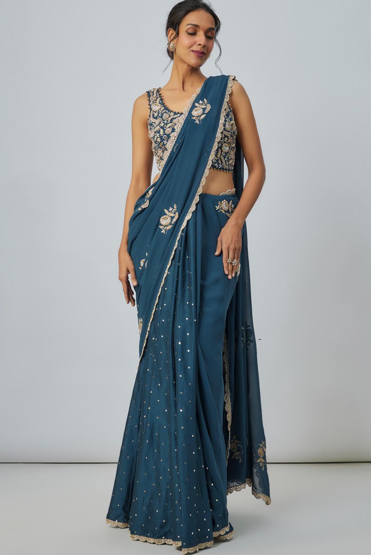 Teal Blue Embroidered Choli With Embroidered Saree