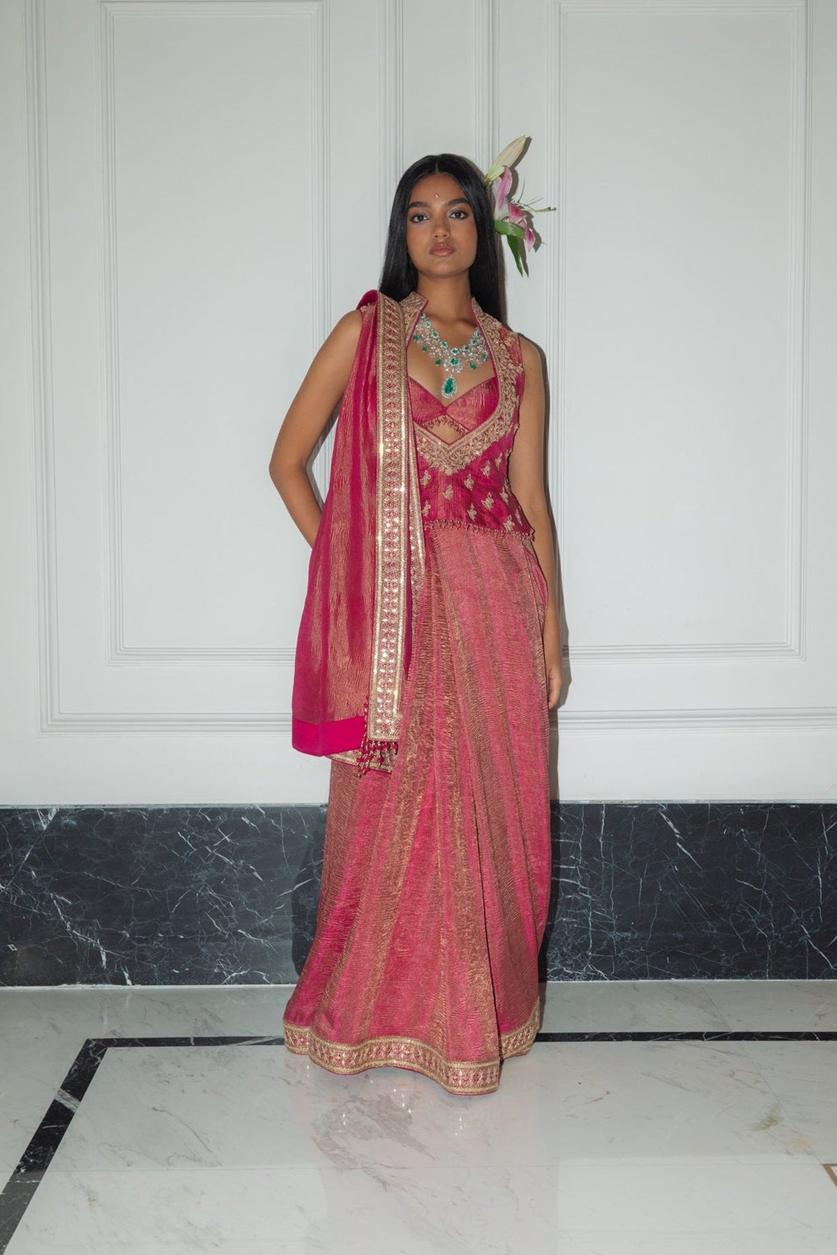 Raspberry Kurti Saree set
