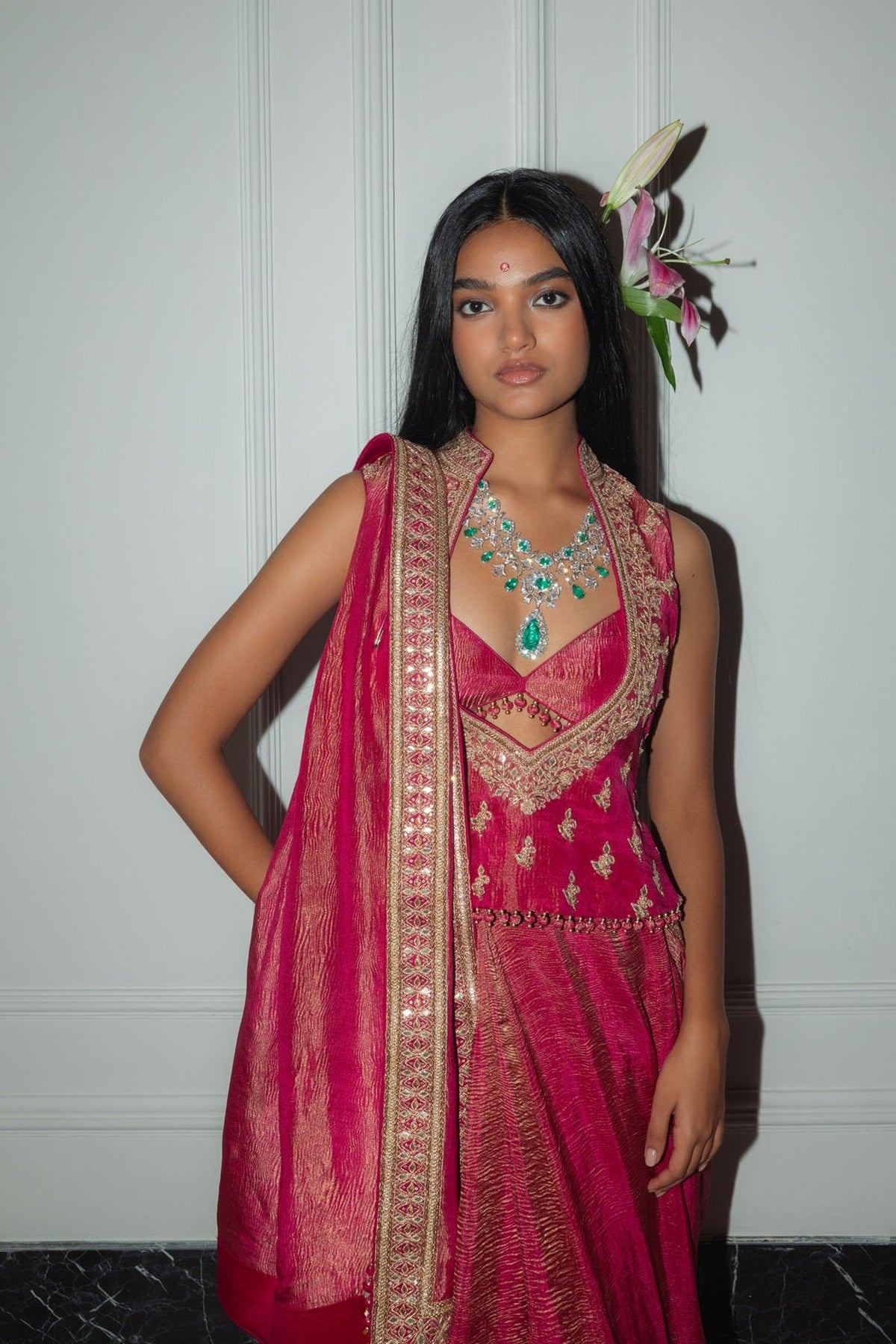 Raspberry Kurti Saree set