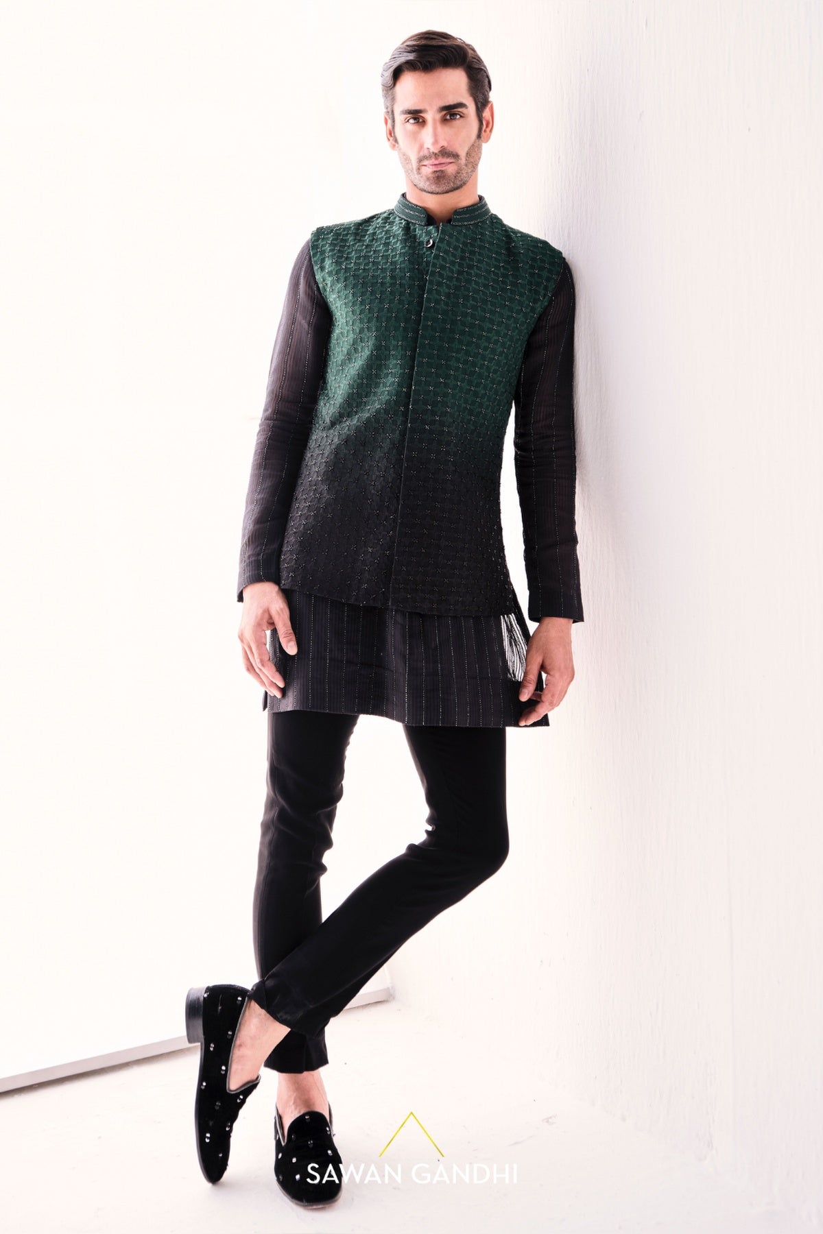 Teal to black ombre nehru