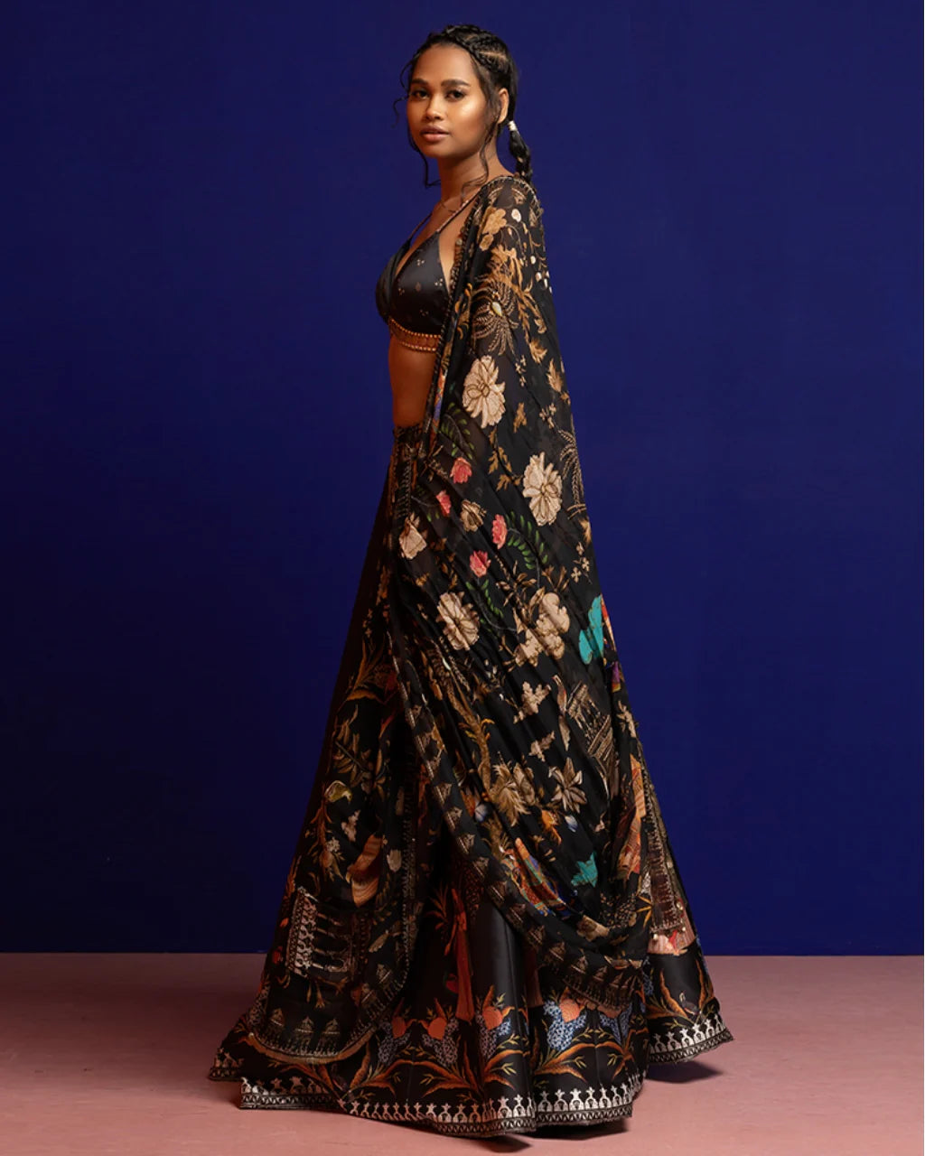 Black Placement Embroidery Lehenga Set