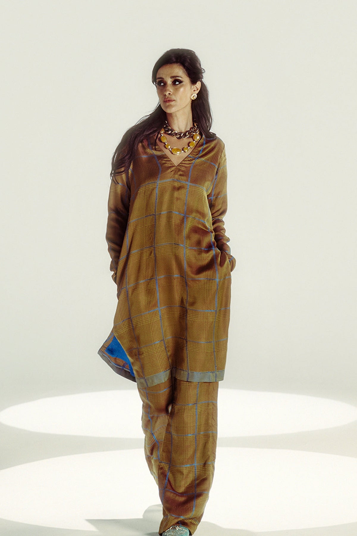 Brown Chessboard Kurta Set