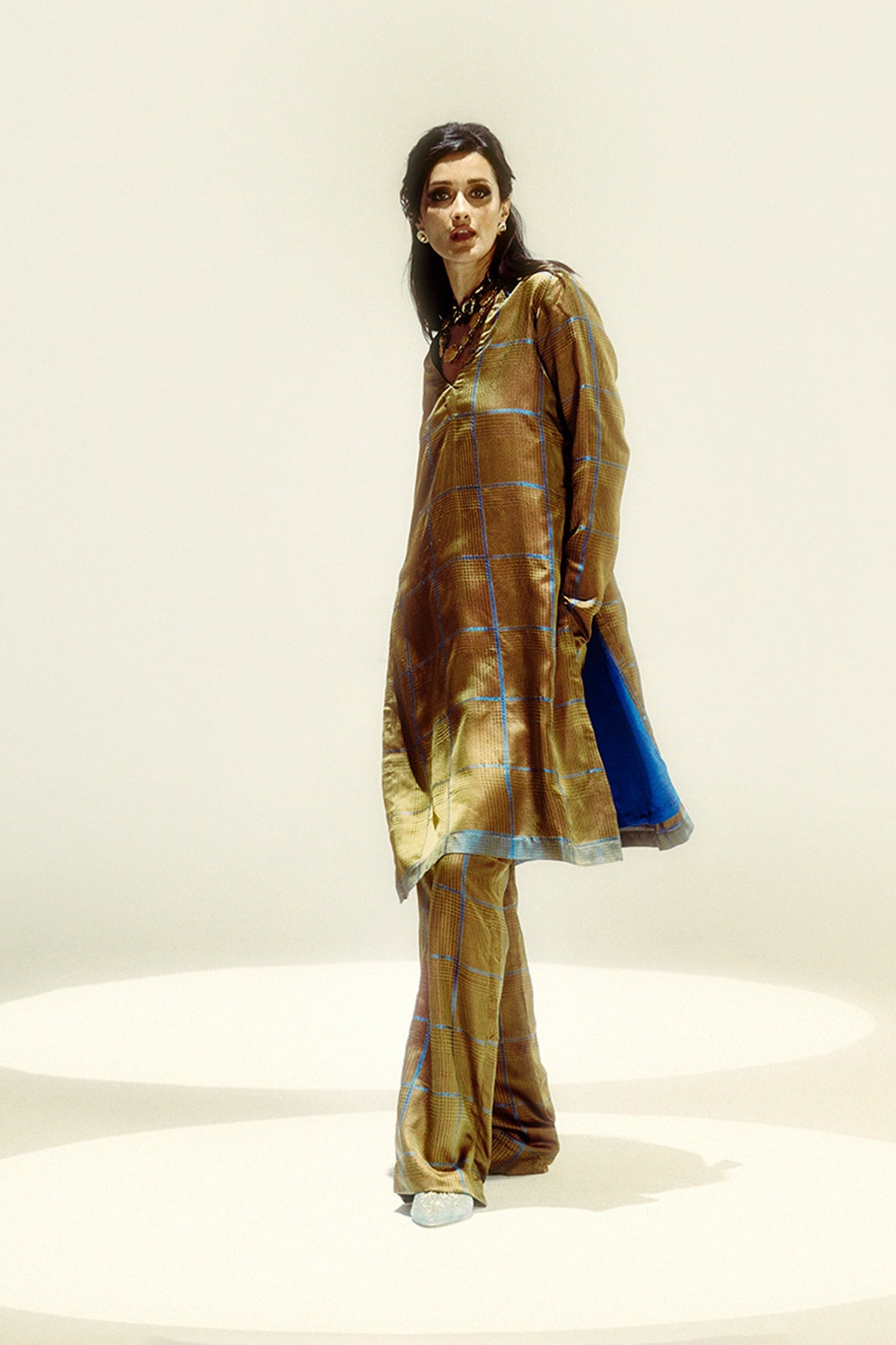 Brown Chessboard Kurta Set