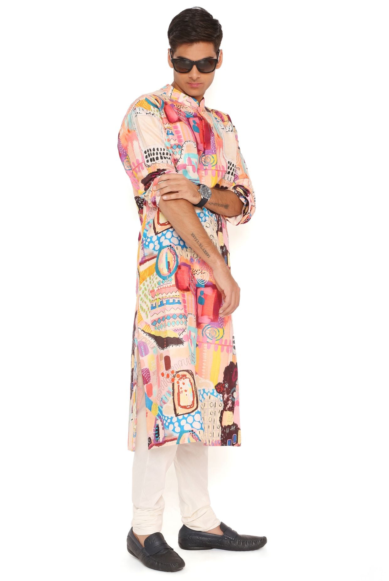 TRANCE PRINT DUPION SILK KURTA WITH OFF WHITE COTTON SILK CHURIDAR