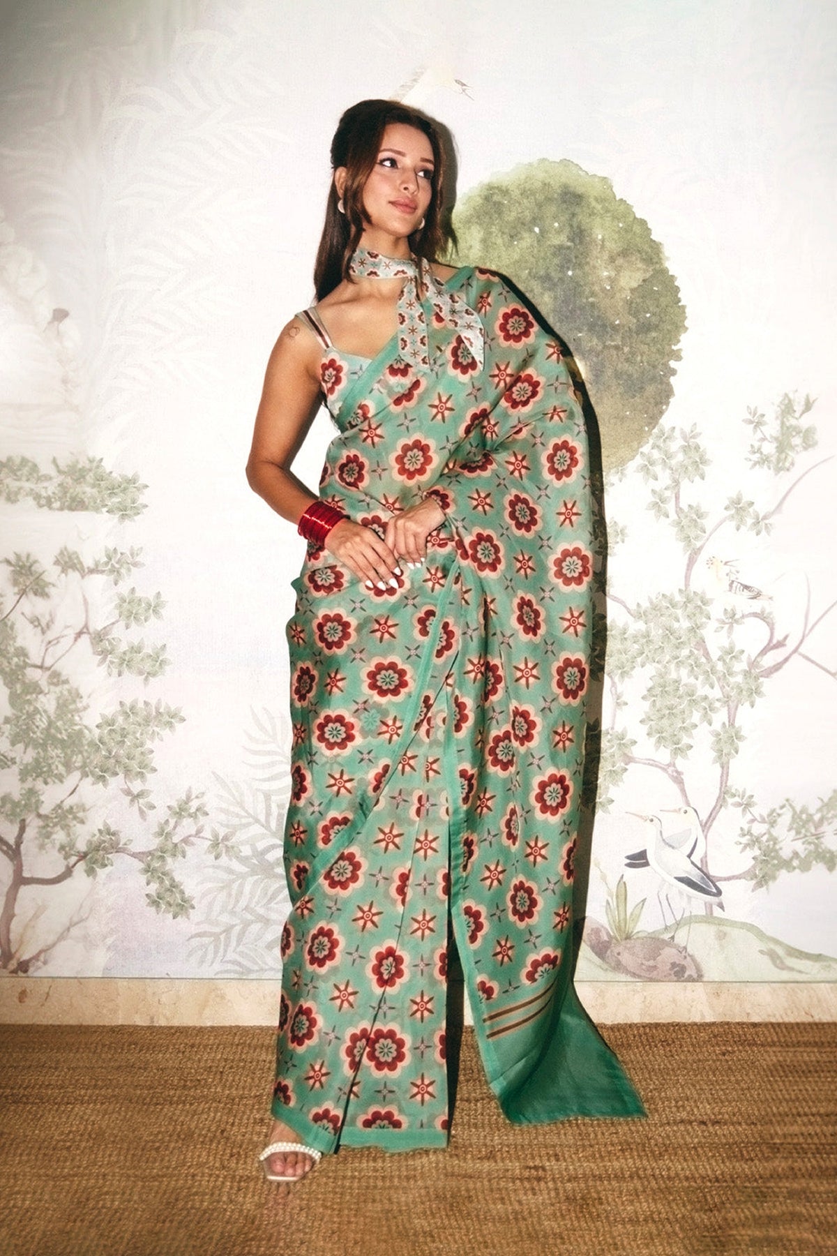 Teal Twiggy Bloom Saree