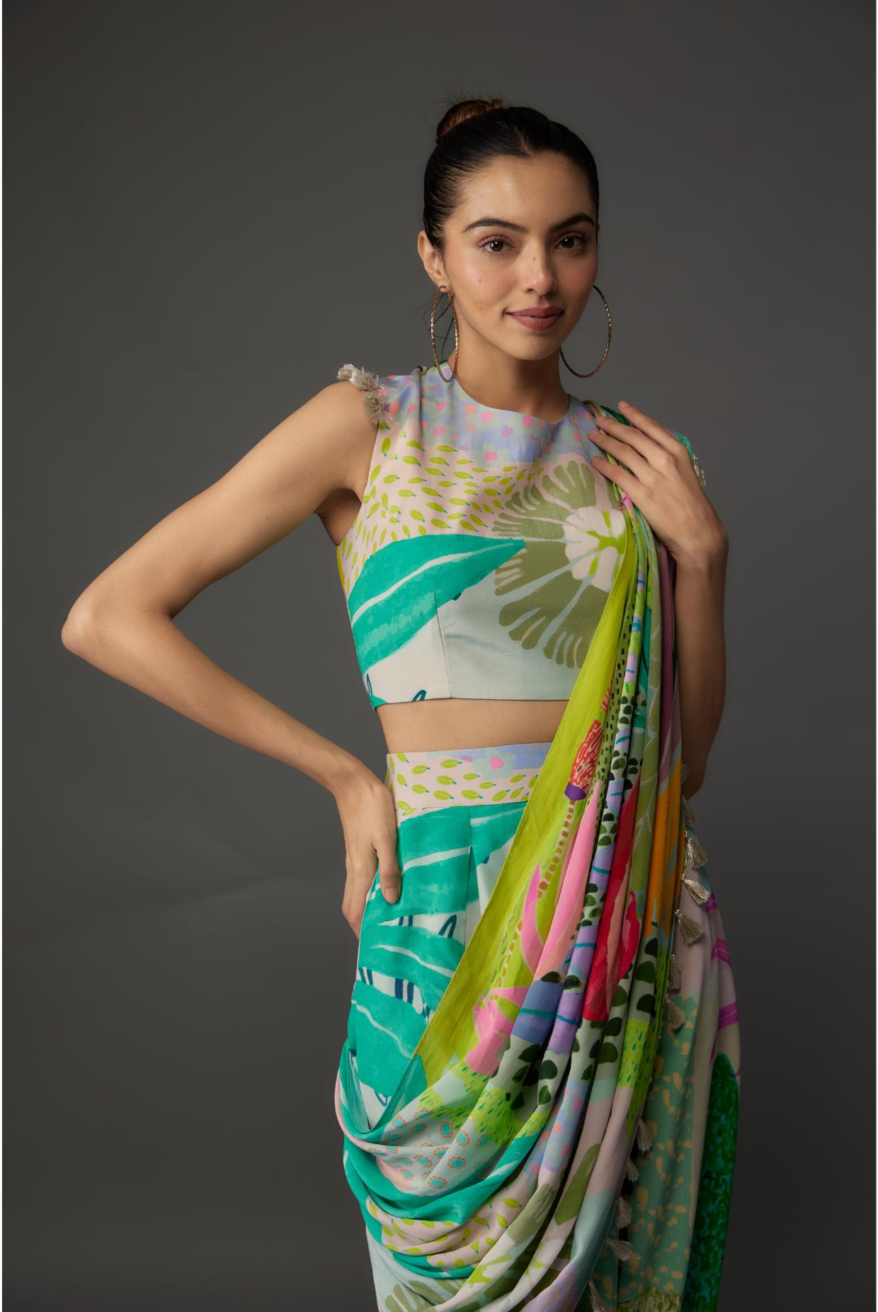 Tropical Print Crepe Top & Low-Crotch Pants With Attached Drape