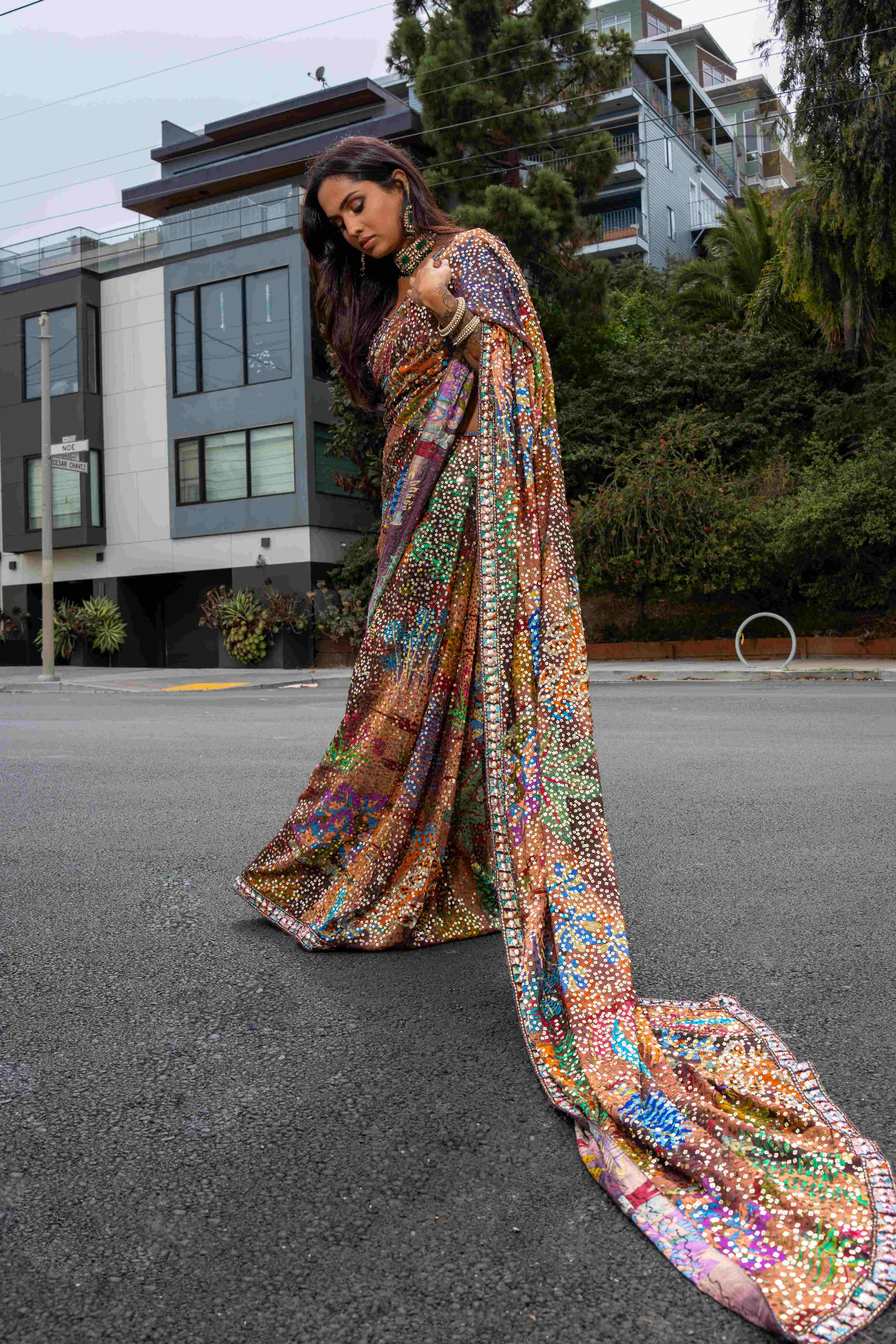 Sundream - Teakberry Mustard Sequin Georgette Draped Saree - Ready To Ship
