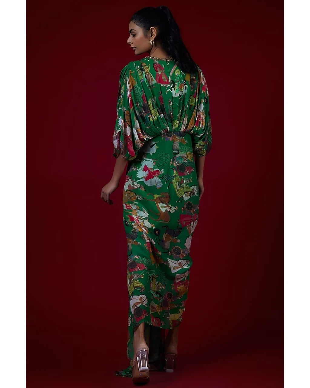 Green Printed Drape Dress