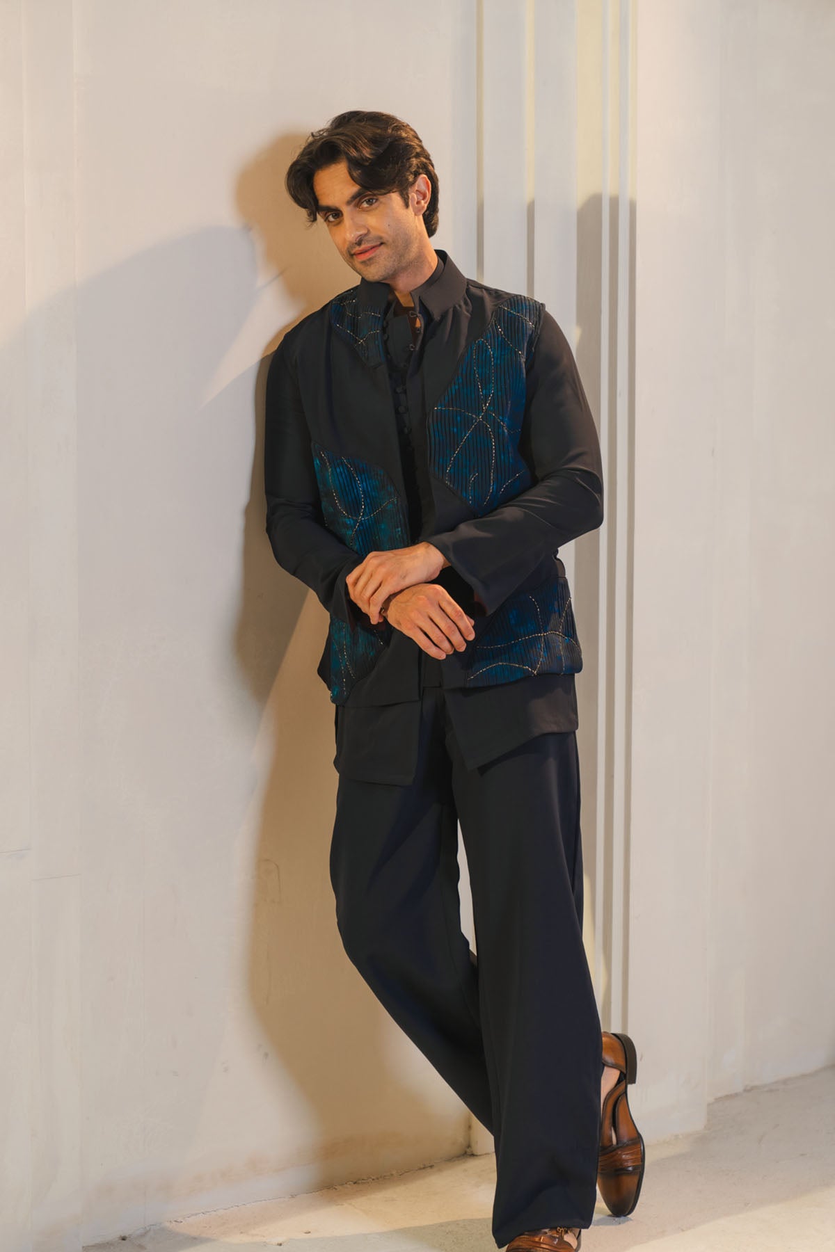 Midnight Blue Handpaint Painted Nehru Jacket Set