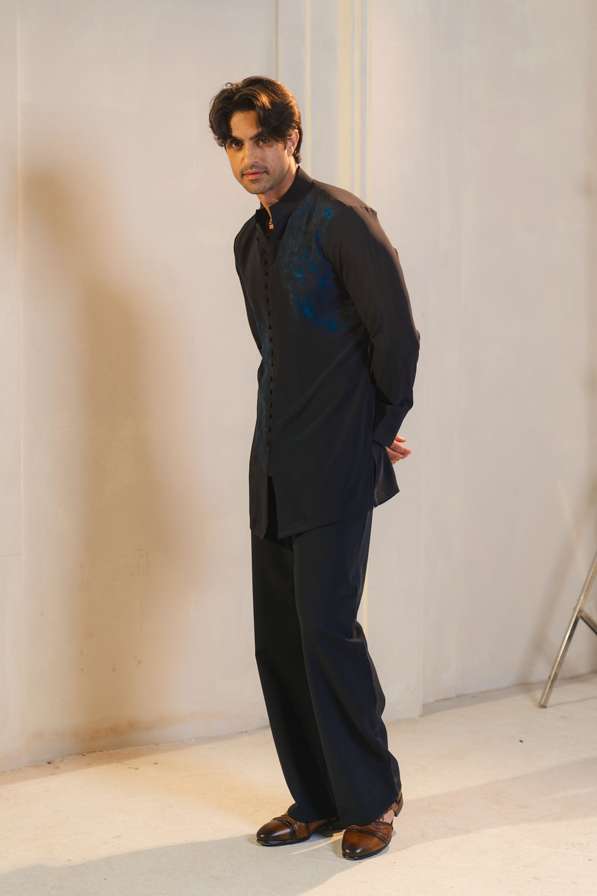 Midnight Blue Handpaint Painted Nehru Jacket Set