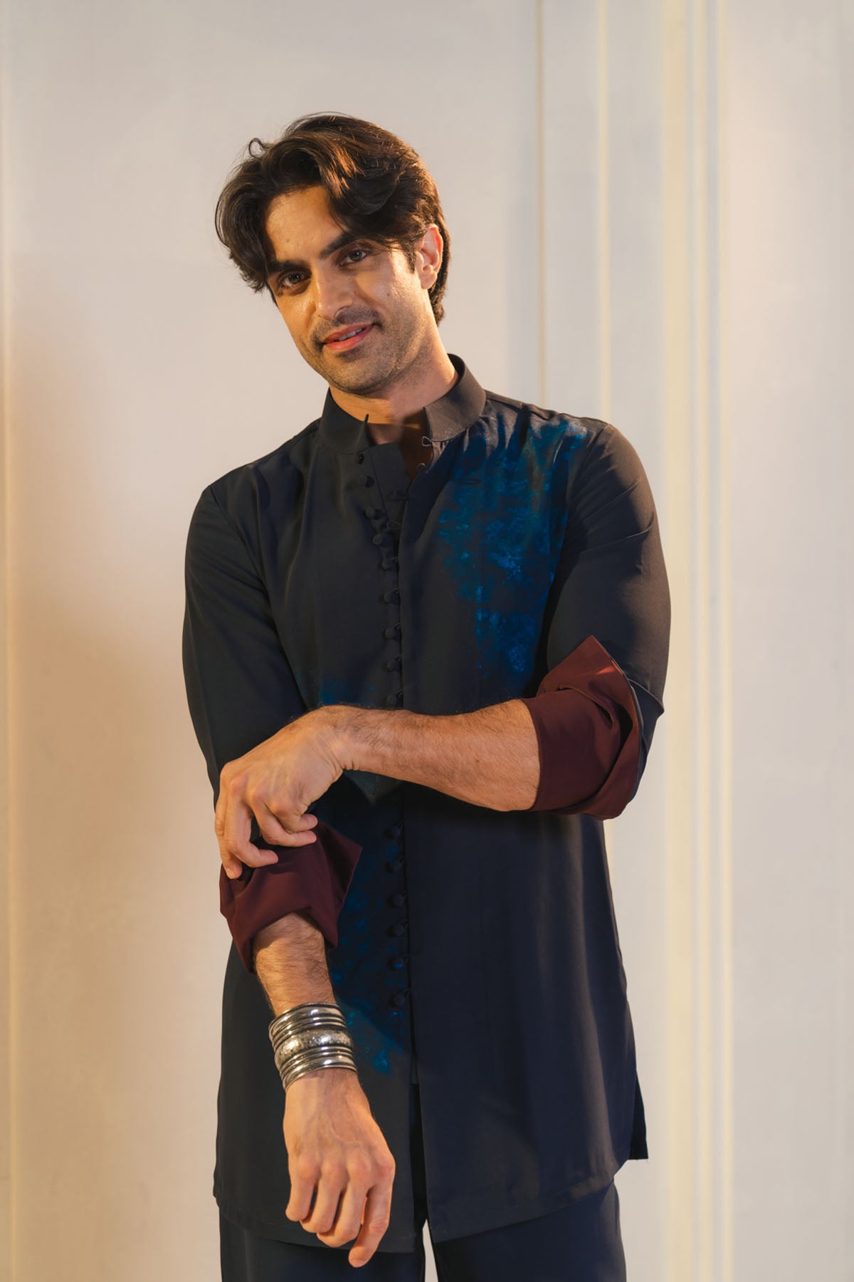 Midnight Blue Handpaint Painted Nehru Jacket Set