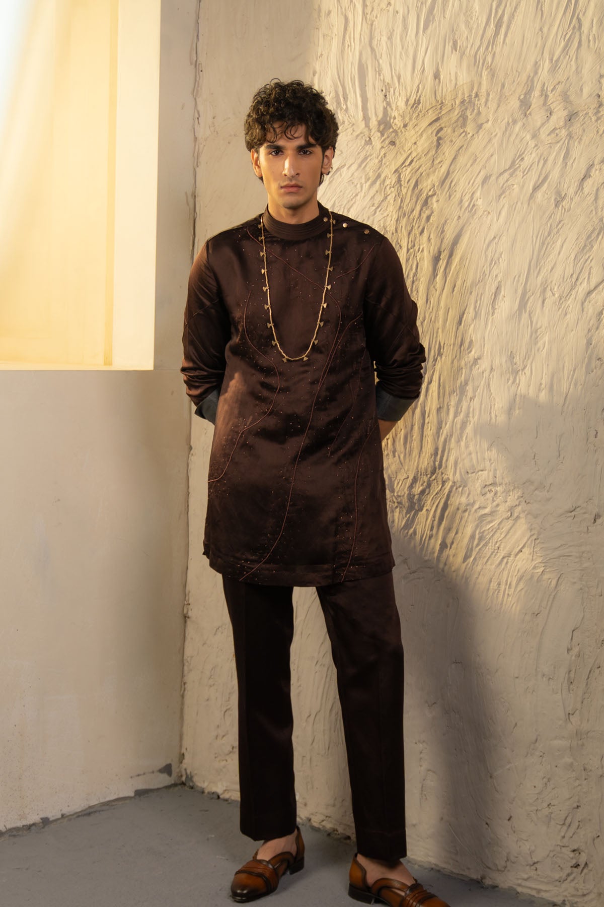 Dark Brown Linen Silk Embroidered Kurta Set